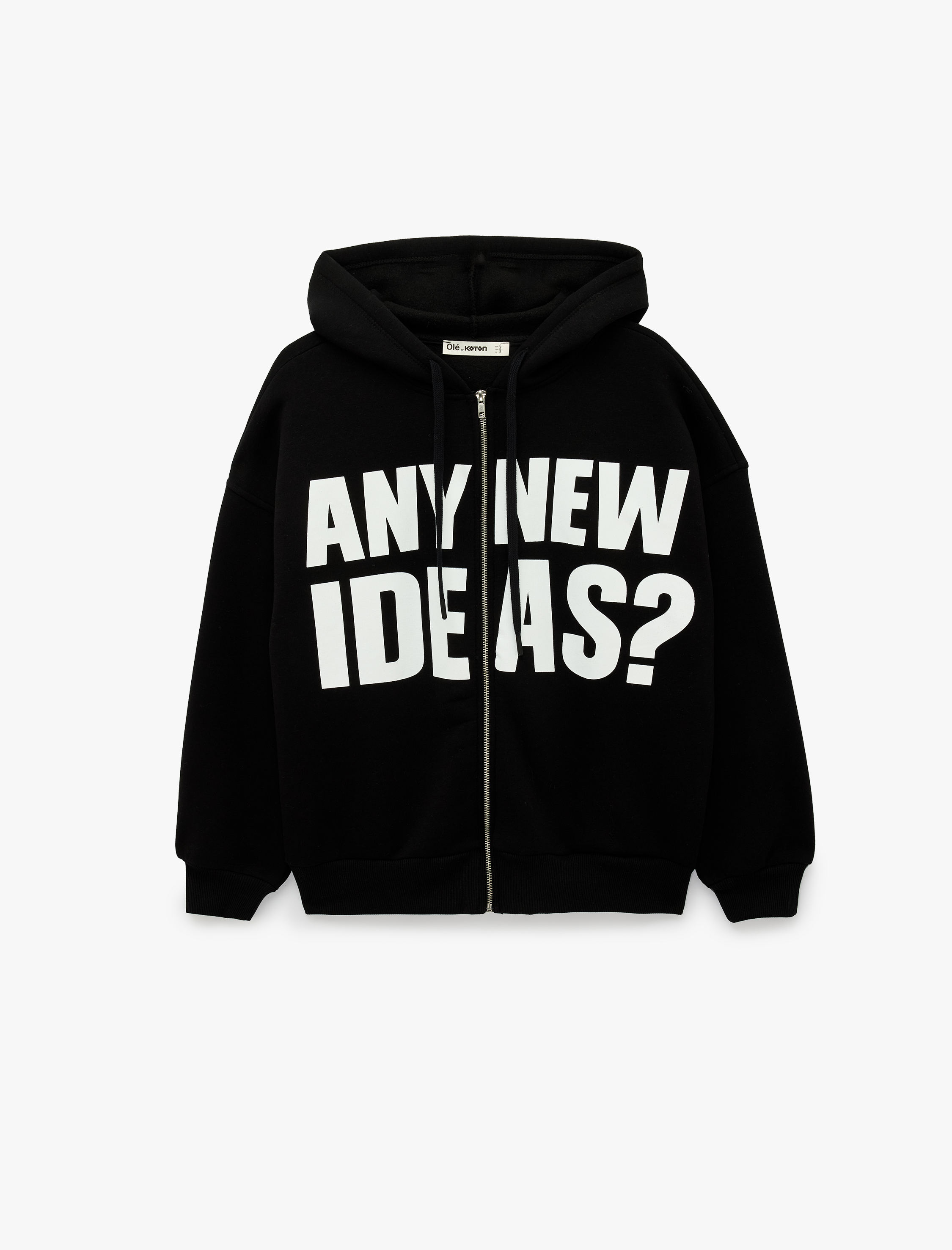   Üç İplik Şardonlu Uzun Kollu Kapüşonlu Baskılı Fermuarlı Oversize Sweatshirt