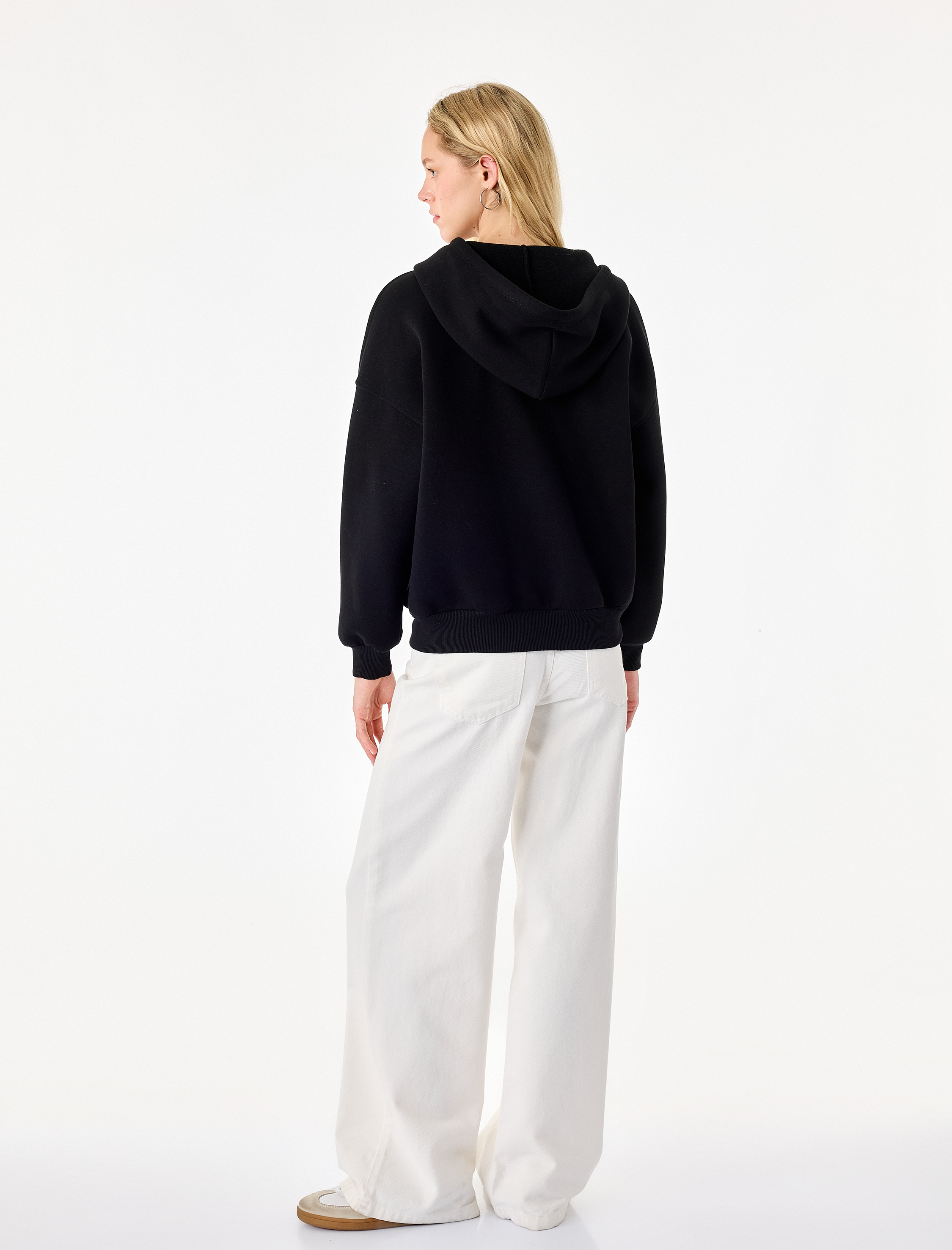   Üç İplik Şardonlu Uzun Kollu Kapüşonlu Baskılı Fermuarlı Oversize Sweatshirt