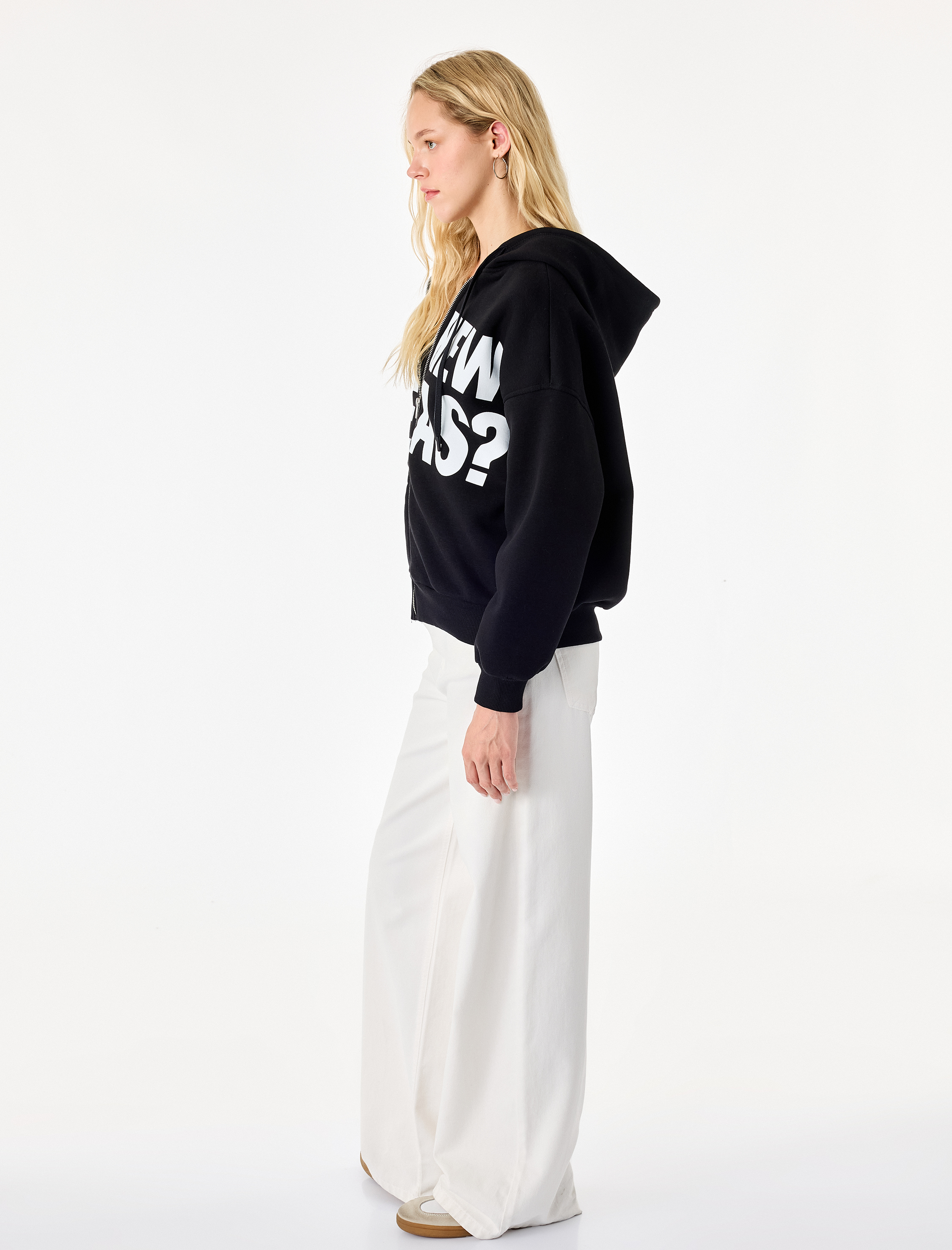   Üç İplik Şardonlu Uzun Kollu Kapüşonlu Baskılı Fermuarlı Oversize Sweatshirt
