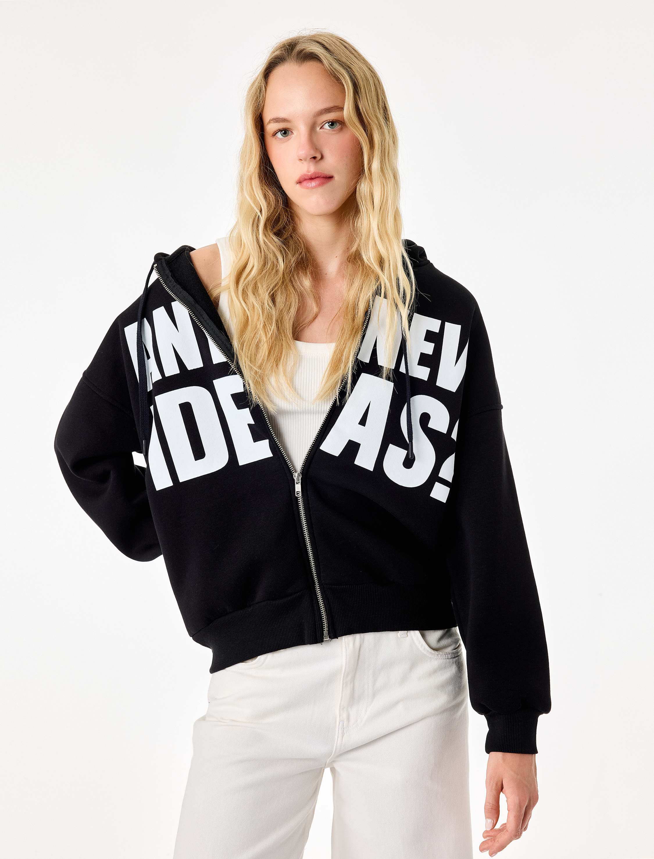  Üç İplik Şardonlu Uzun Kollu Kapüşonlu Baskılı Fermuarlı Oversize Sweatshirt