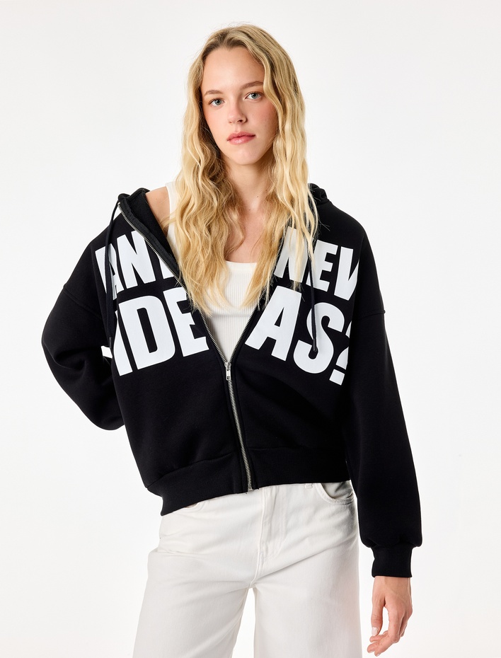  Üç İplik Şardonlu Uzun Kollu Kapüşonlu Baskılı Fermuarlı Oversize Sweatshirt
