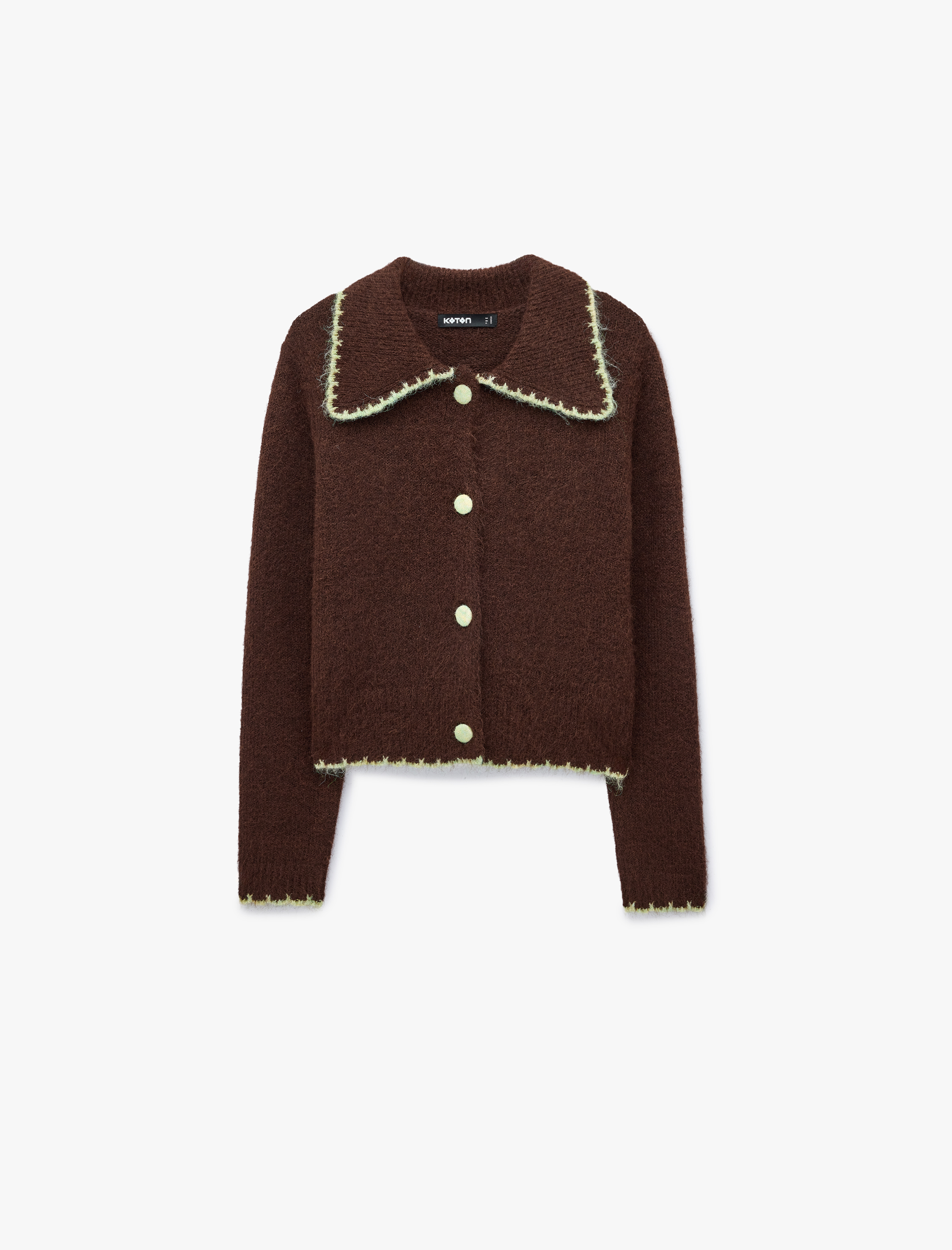   Çoban Dikişi Detaylı Devrik Yaka Uzun Kollu Düğmeli Triko Peluş Hırka