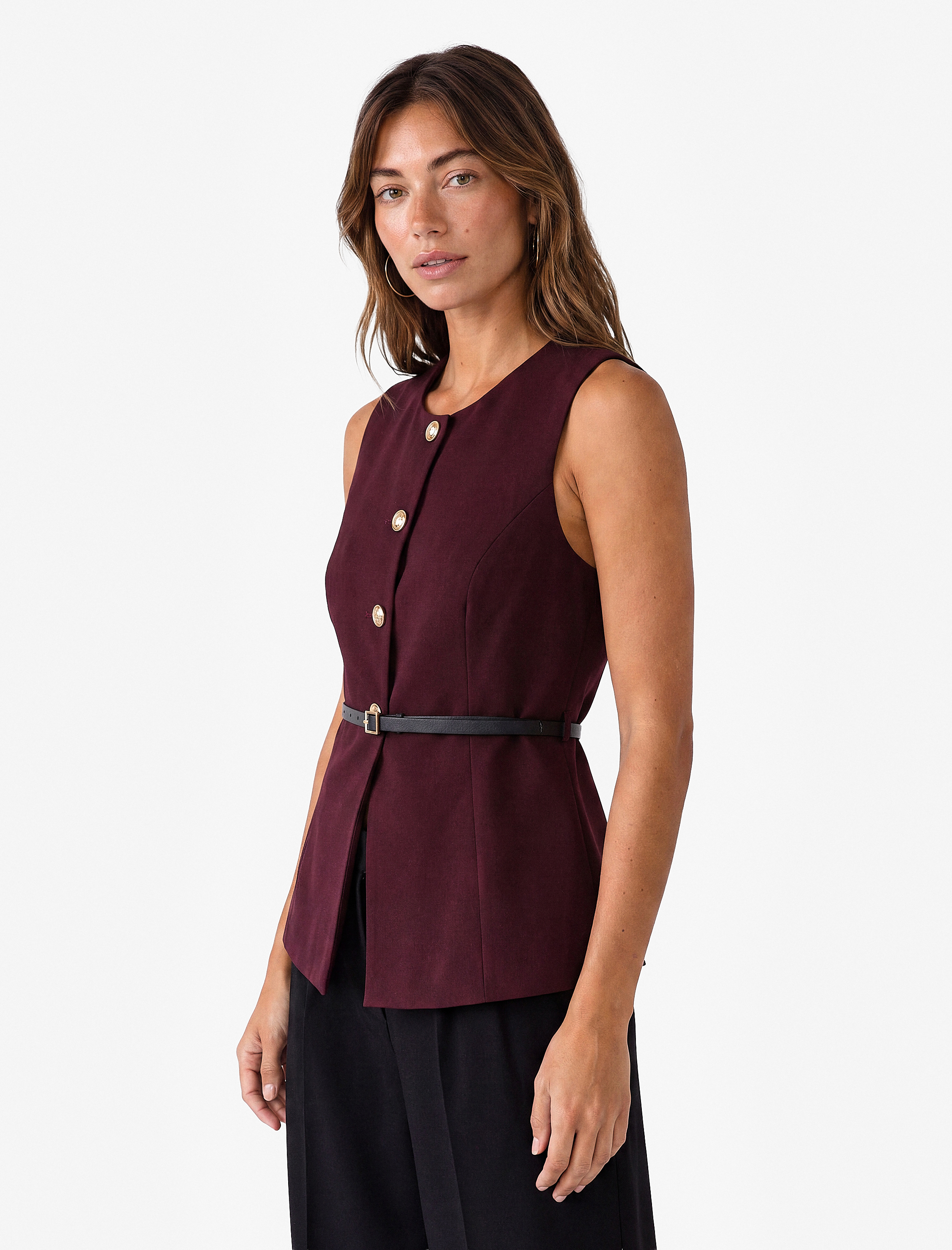   Slim Fit Mücevher Düğmeli Bisiklet Yaka Kemerli Peplum Yelek