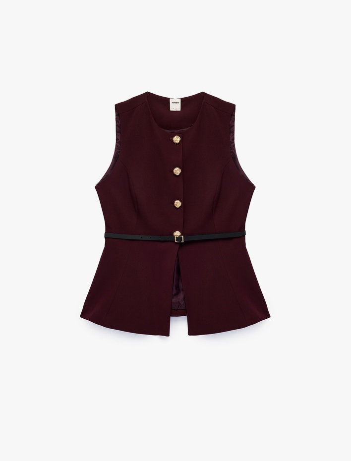  Slim Fit Mücevher Düğmeli Bisiklet Yaka Kemerli Peplum Yelek