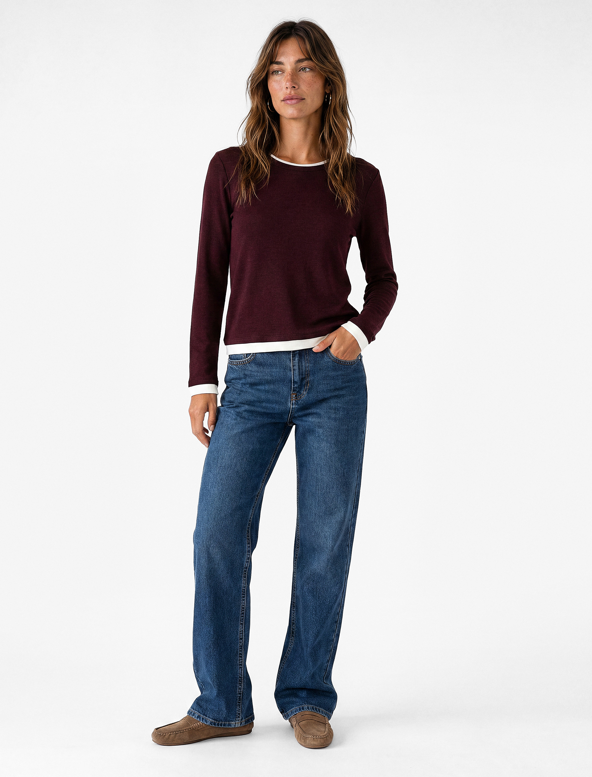   Slim Fit Renk Kontrastlı Katmanlı Uzun Kollu Bisiklet Yaka Tişört