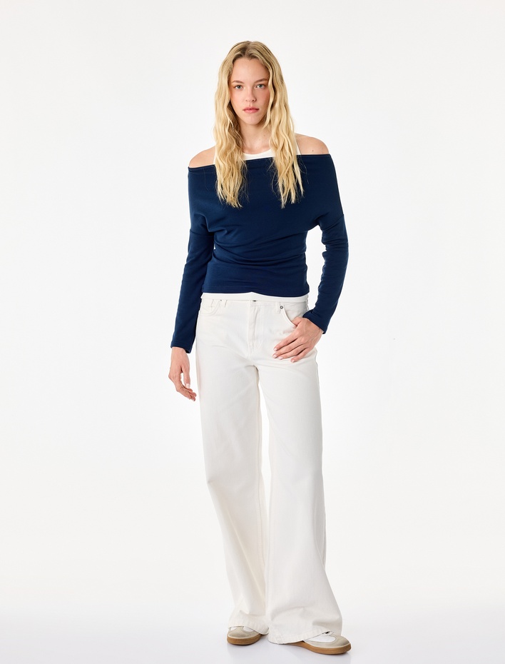  Slim Fit Asimetrik Yaka Katmanlı Uzun Kollu Tişört