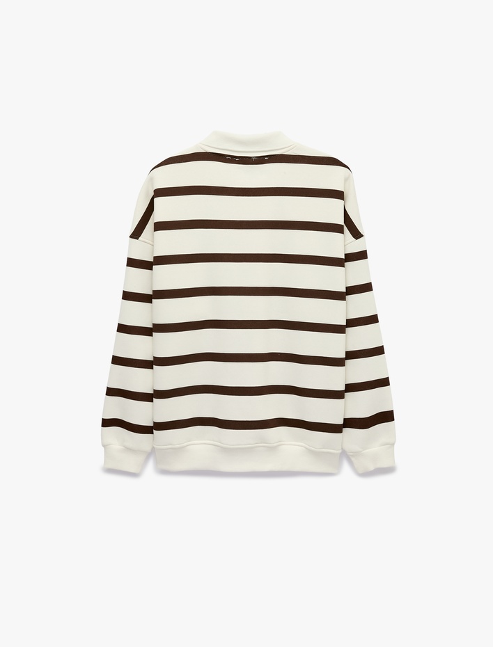  Üç İplik Şardonlu Rahat Kalıp Uzun Kollu Gömlek Yaka Çizgili Sweatshirt