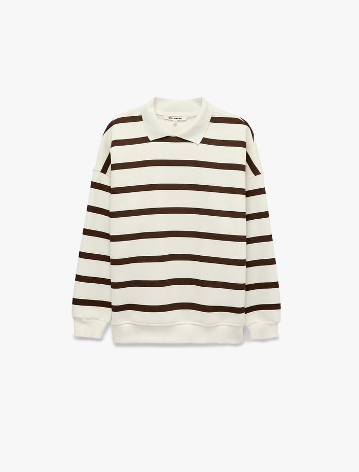  Üç İplik Şardonlu Rahat Kalıp Uzun Kollu Gömlek Yaka Çizgili Sweatshirt