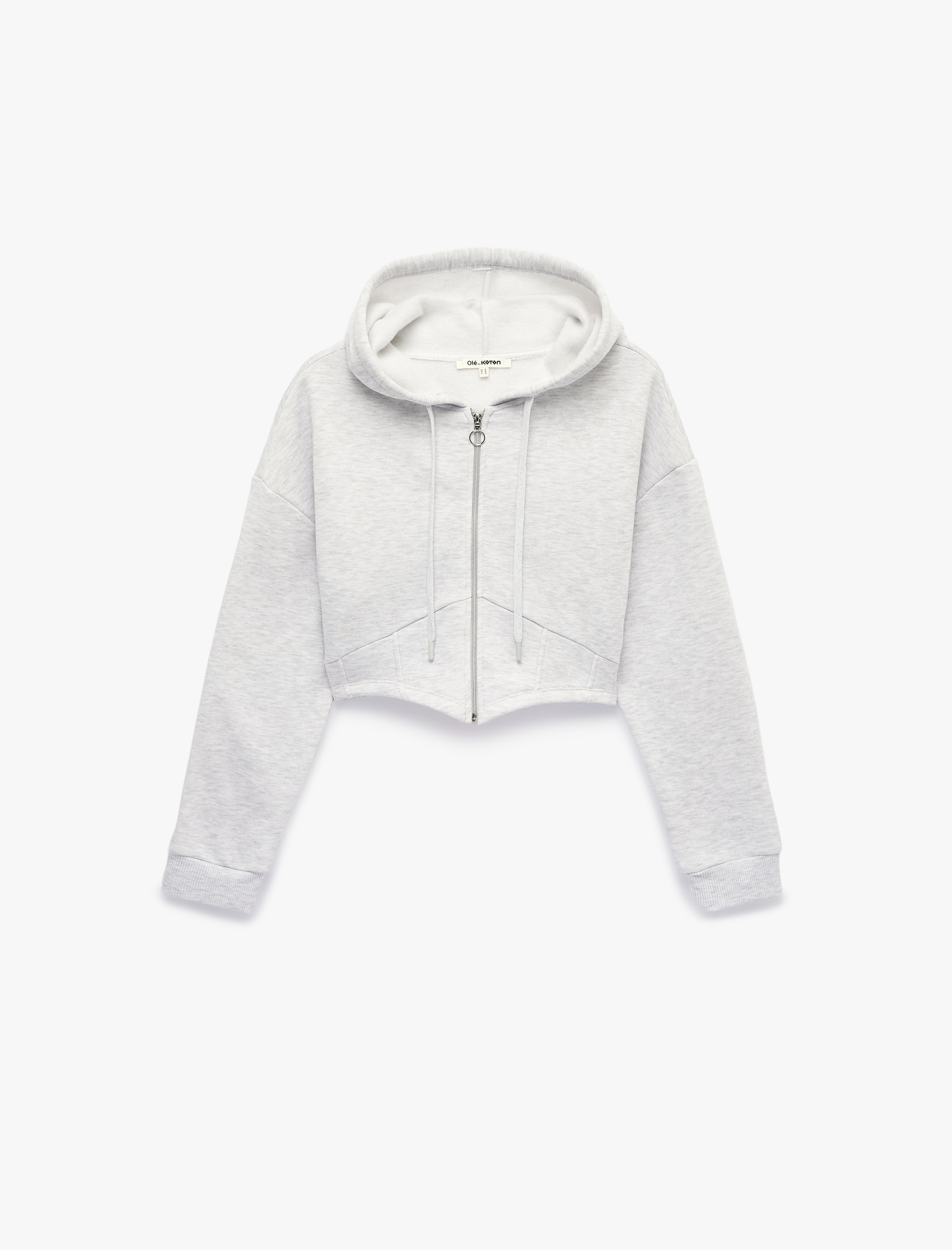   Şardonlu Uzun Kollu Kapüşonlu Korse Detaylı Fermuarlı Crop Sweatshirt