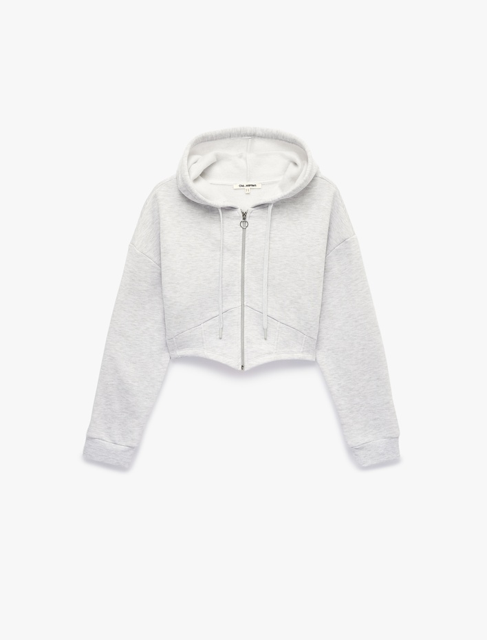  Şardonlu Uzun Kollu Kapüşonlu Korse Detaylı Fermuarlı Crop Sweatshirt