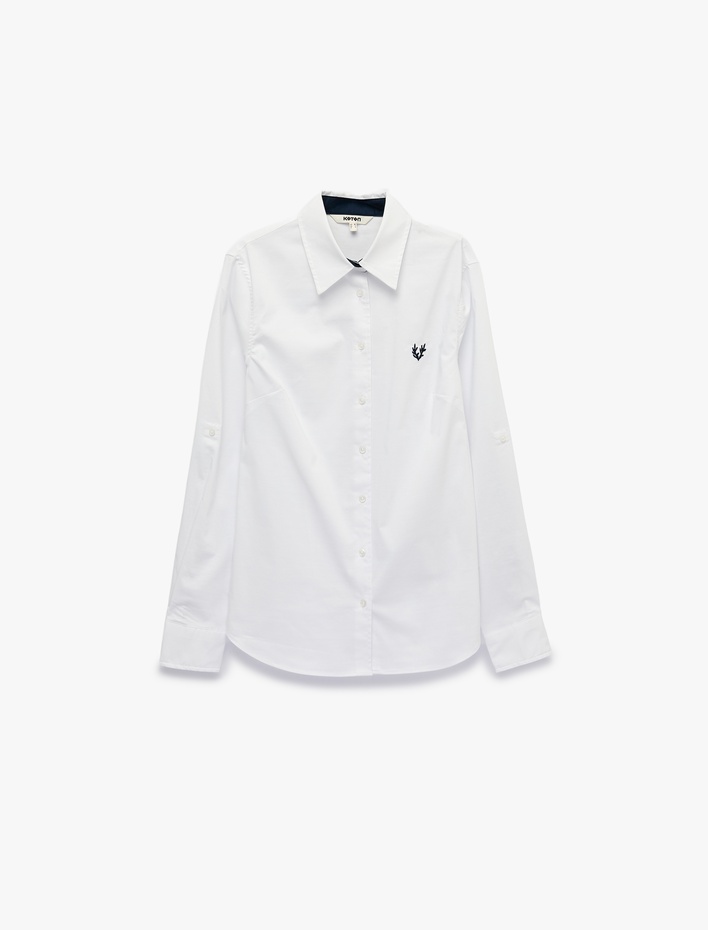  Pamuklu Slim Fit Nakış Detaylı Uzun Kollu Poplin Gömlek
