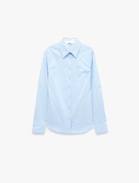 Pamuklu Slim Fit Nakış Detaylı Uzun Kollu Poplin Gömlek