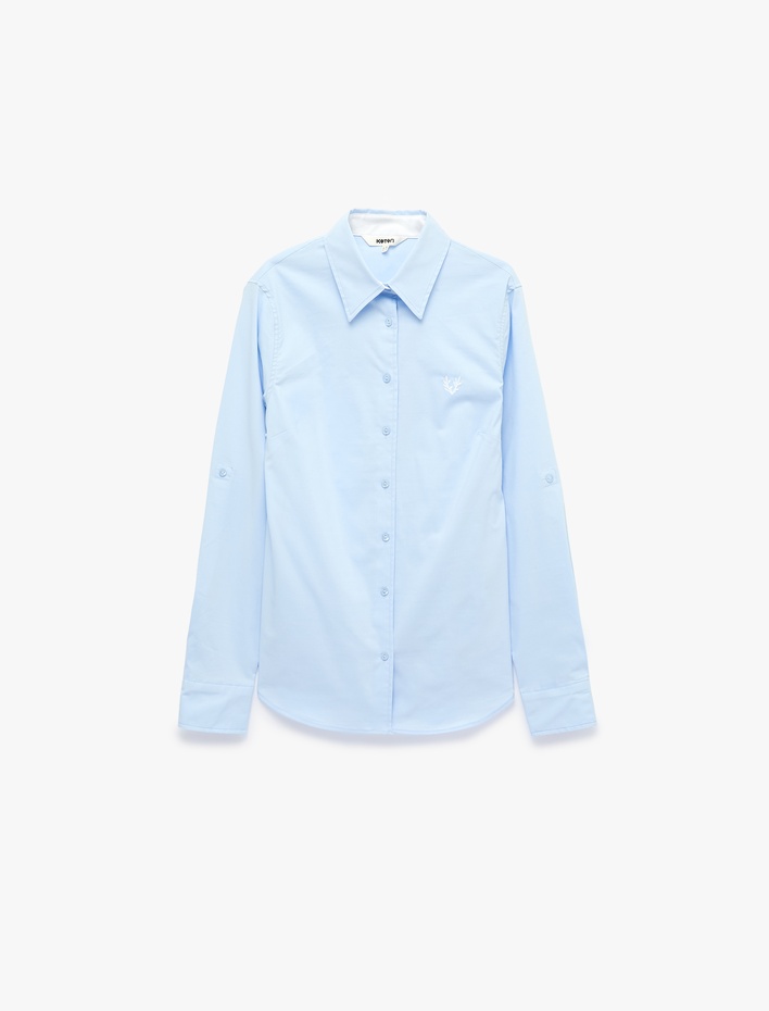  Pamuklu Slim Fit Nakış Detaylı Uzun Kollu Poplin Gömlek