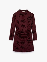 Slim Fit Drapeli Uzun Kollu Dik Qipao Yaka Çiçekli Tül Mini Elbise