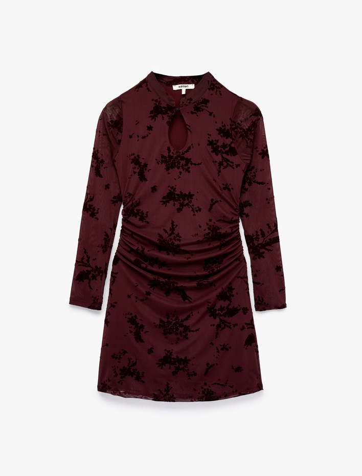  Slim Fit Drapeli Uzun Kollu Dik Qipao Yaka Çiçekli Tül Mini Elbise