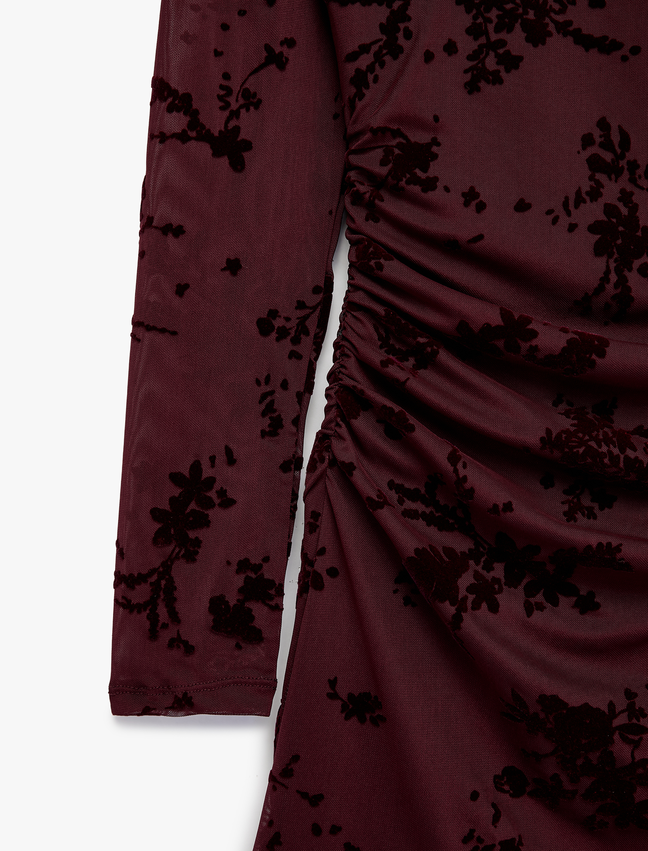   Slim Fit Drapeli Uzun Kollu Dik Qipao Yaka Çiçekli Tül Mini Elbise