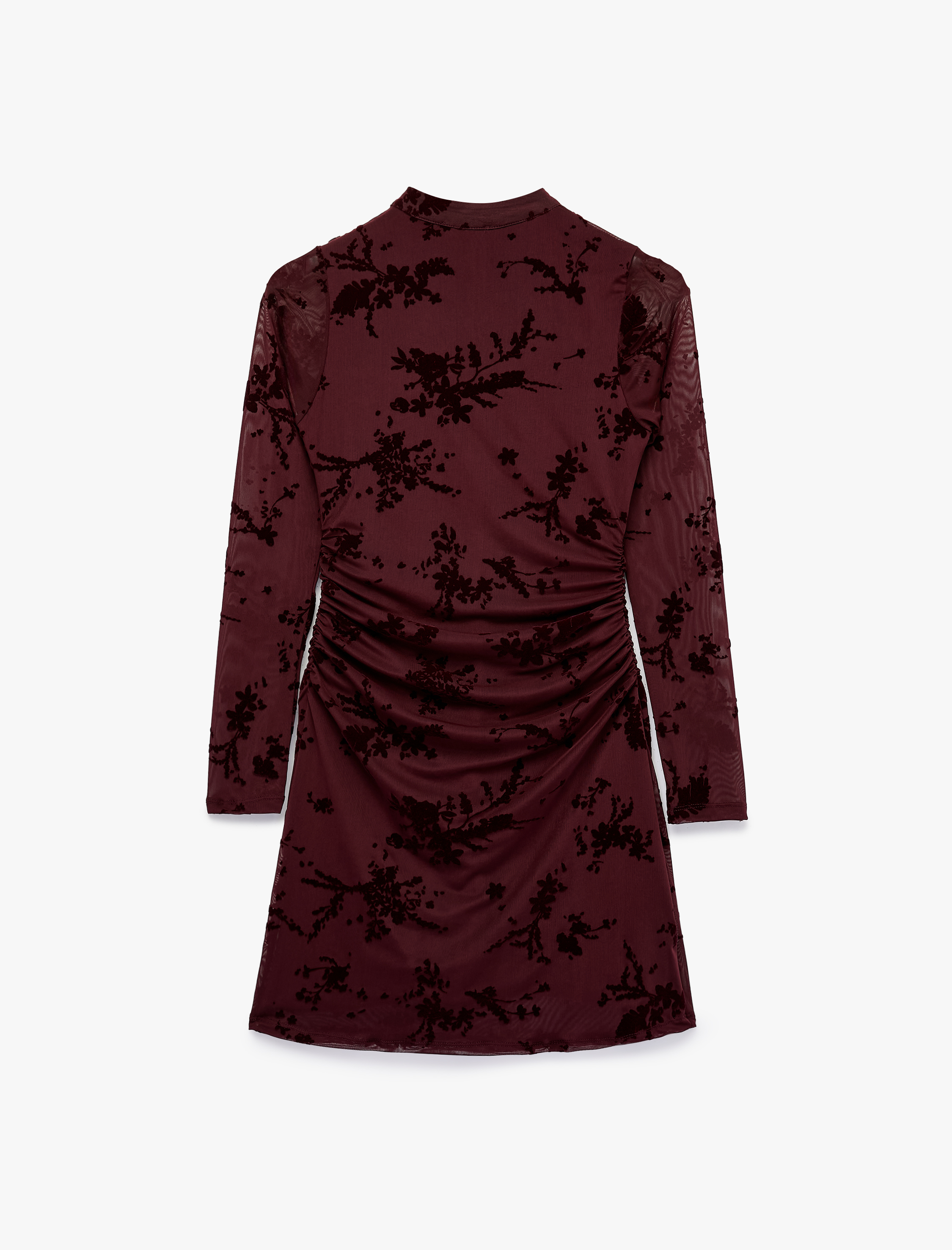   Slim Fit Drapeli Uzun Kollu Dik Qipao Yaka Çiçekli Tül Mini Elbise