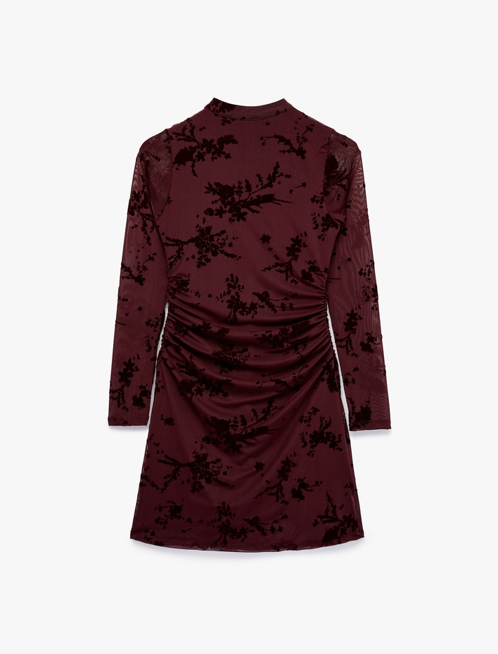  Slim Fit Drapeli Uzun Kollu Dik Qipao Yaka Çiçekli Tül Mini Elbise