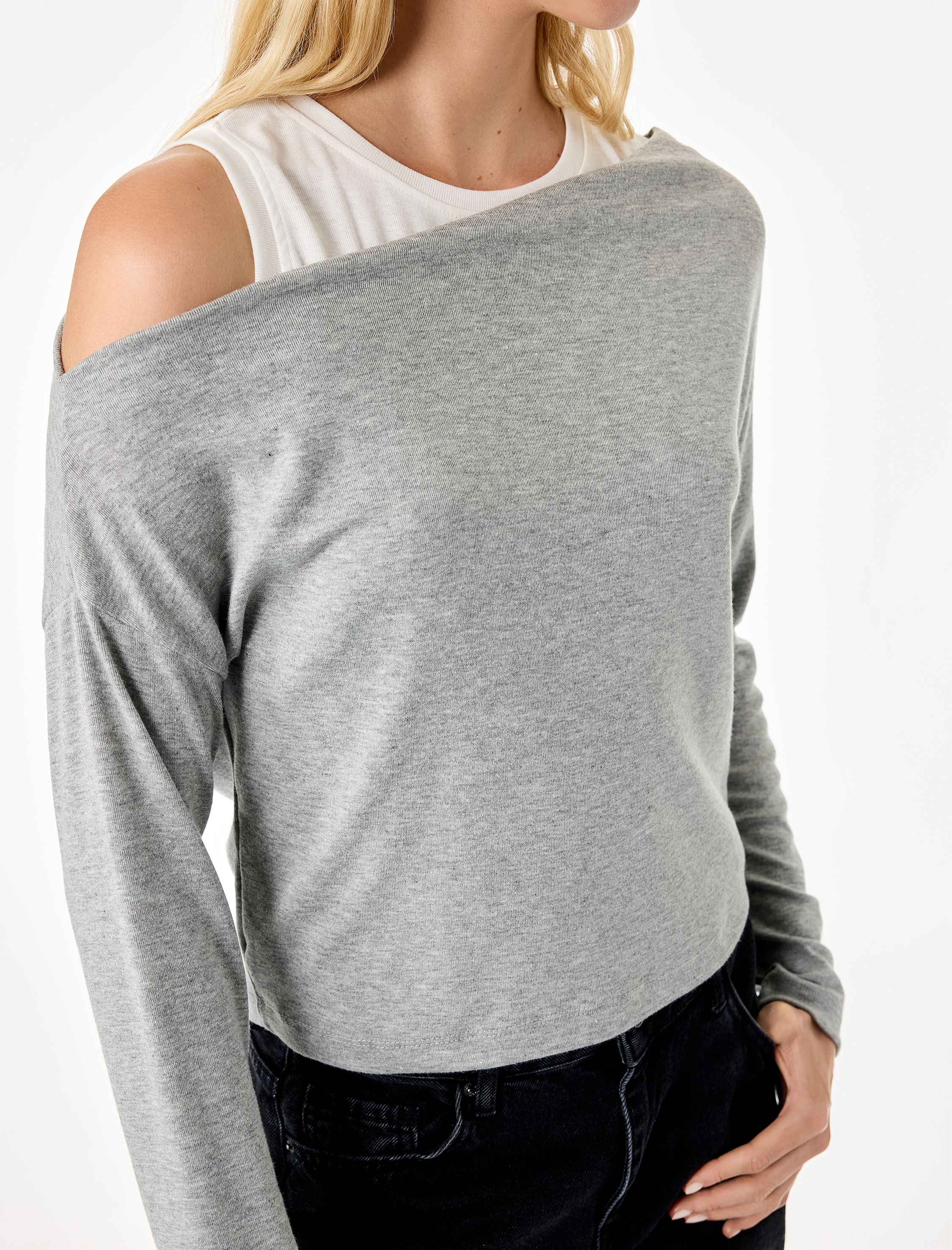   Slim Fit Viskon Karışımlı Asimetrik Yaka Uzun Kollu Katmanlı Tişört
