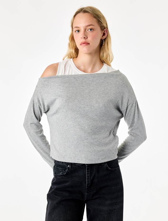  Slim Fit Viskon Karışımlı Asimetrik Yaka Uzun Kollu Katmanlı Tişört