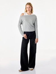 Slim Fit Viskon Karışımlı Asimetrik Yaka Uzun Kollu Katmanlı Tişört