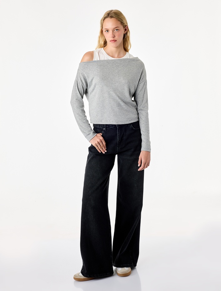  Slim Fit Viskon Karışımlı Asimetrik Yaka Uzun Kollu Katmanlı Tişört