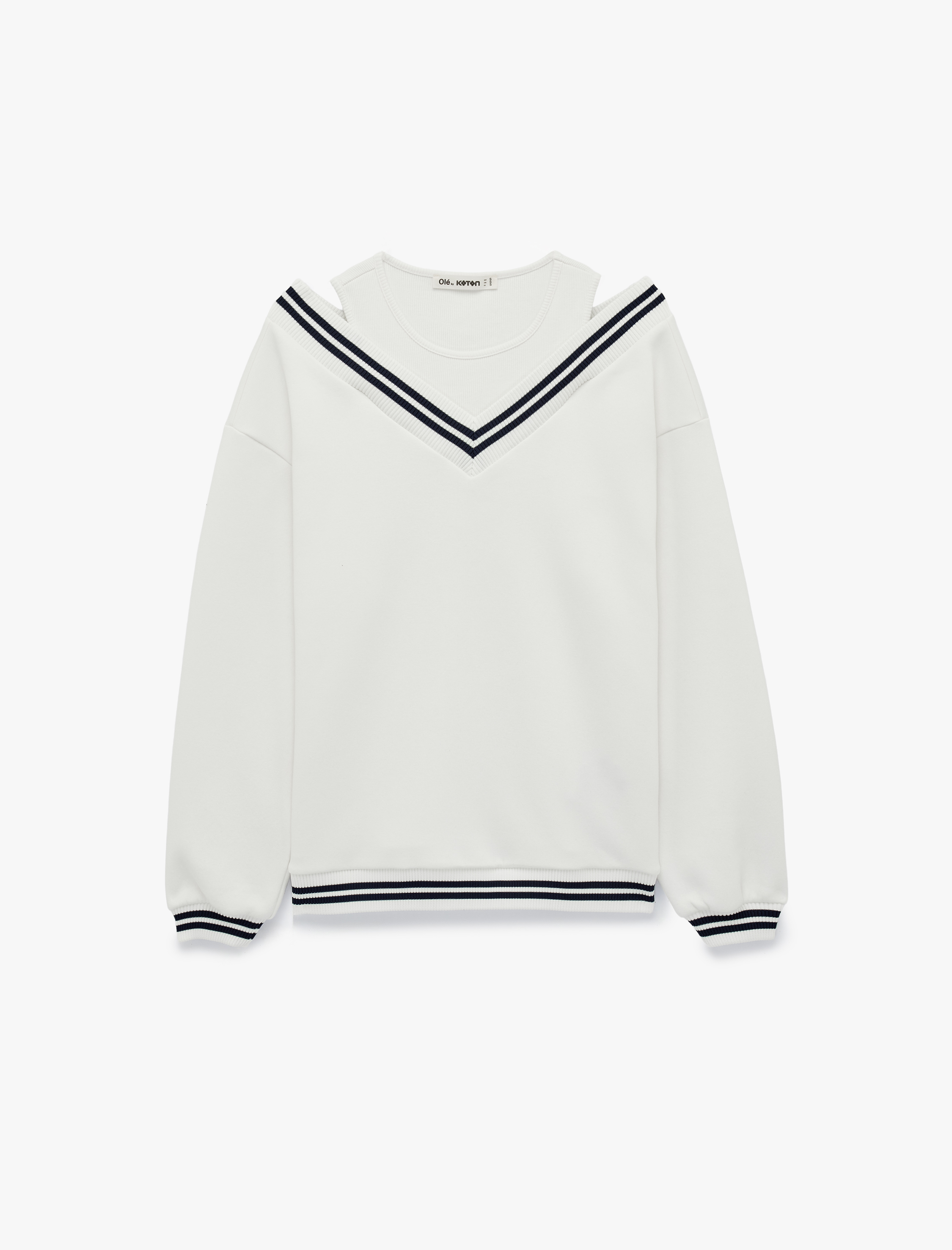   Üç İplik Şardonlu V Yaka Biyeli Atlet Detaylı Uzun Kollu Sweatshirt