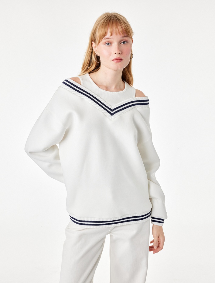  Üç İplik Şardonlu V Yaka Biyeli Atlet Detaylı Uzun Kollu Sweatshirt