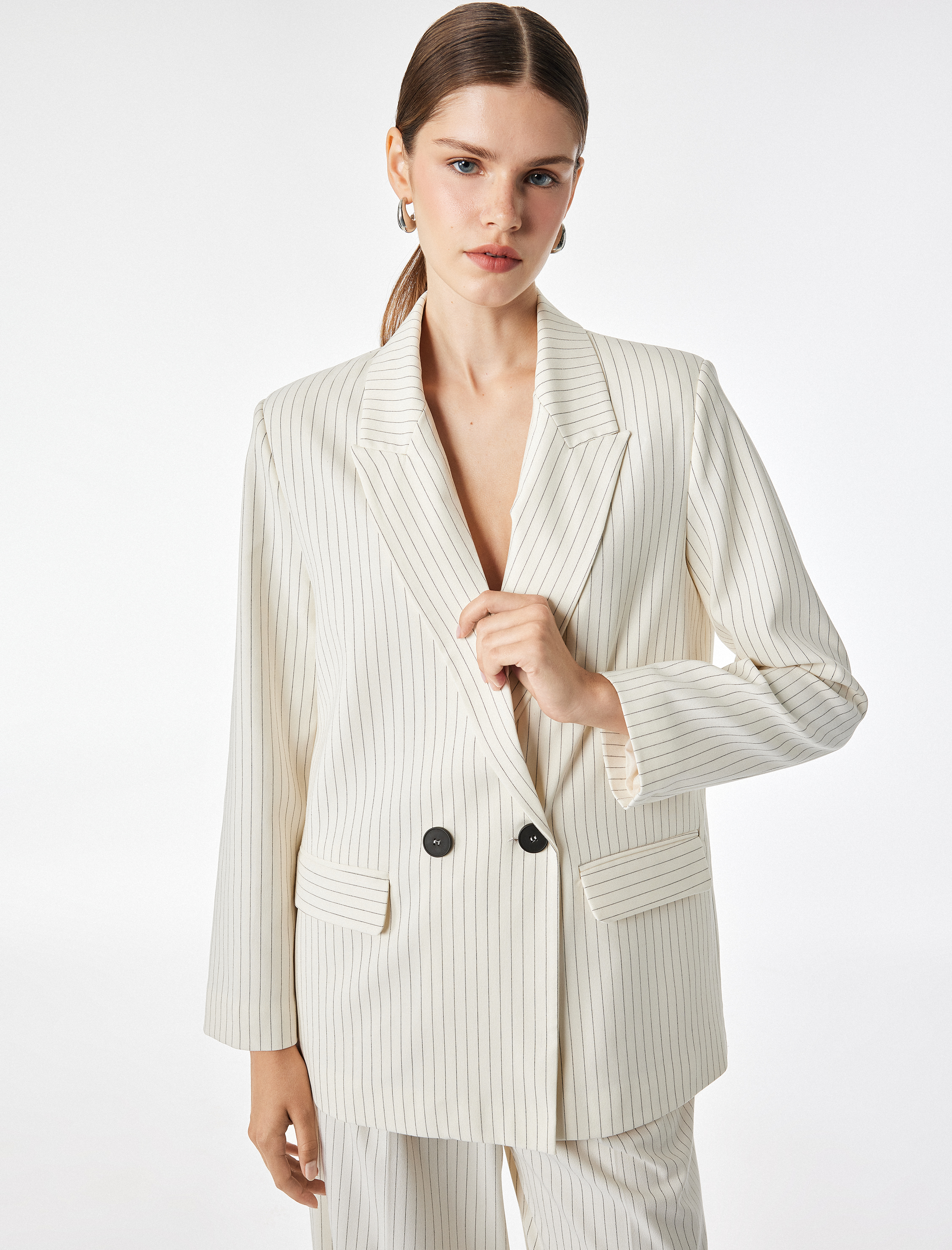   Cepli Uzun Kollu Kruvaze Çizgili Blazer Ceket