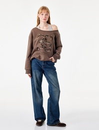 Halter Yaka Uzun Kollu Şardonlu Baskılı Sweatshirt