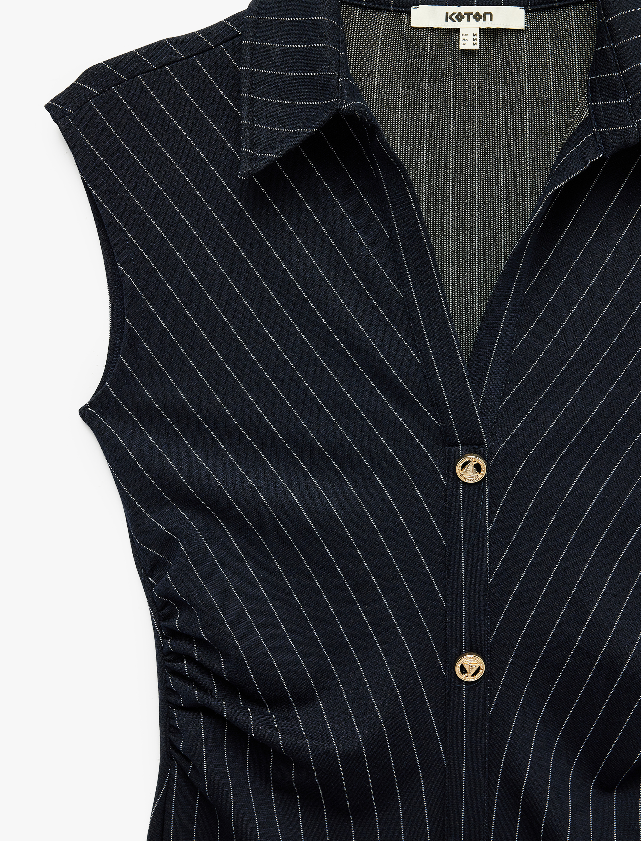  Slim Fit Kolsuz Midi Boy Süslü Düğmeli Kolsuz Çizgili Gömlek Elbise