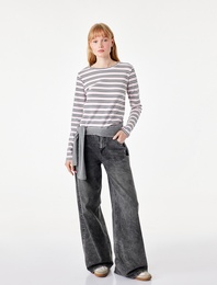Slim Fit Pamuklu Uzun Kollu Basic Çizgili Tişört