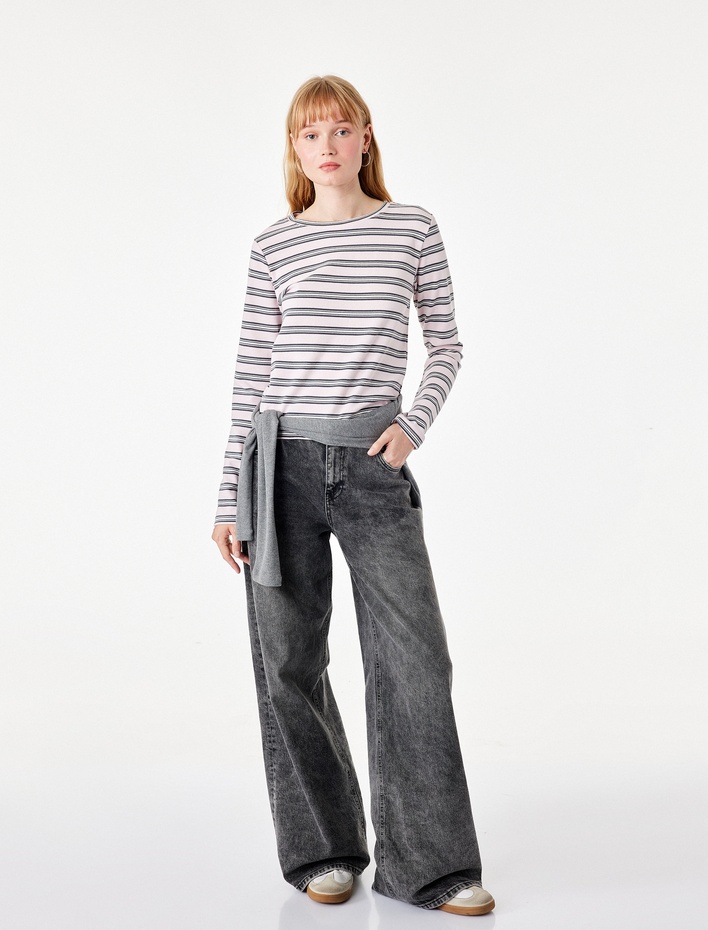  Slim Fit Pamuklu Uzun Kollu Basic Çizgili Tişört