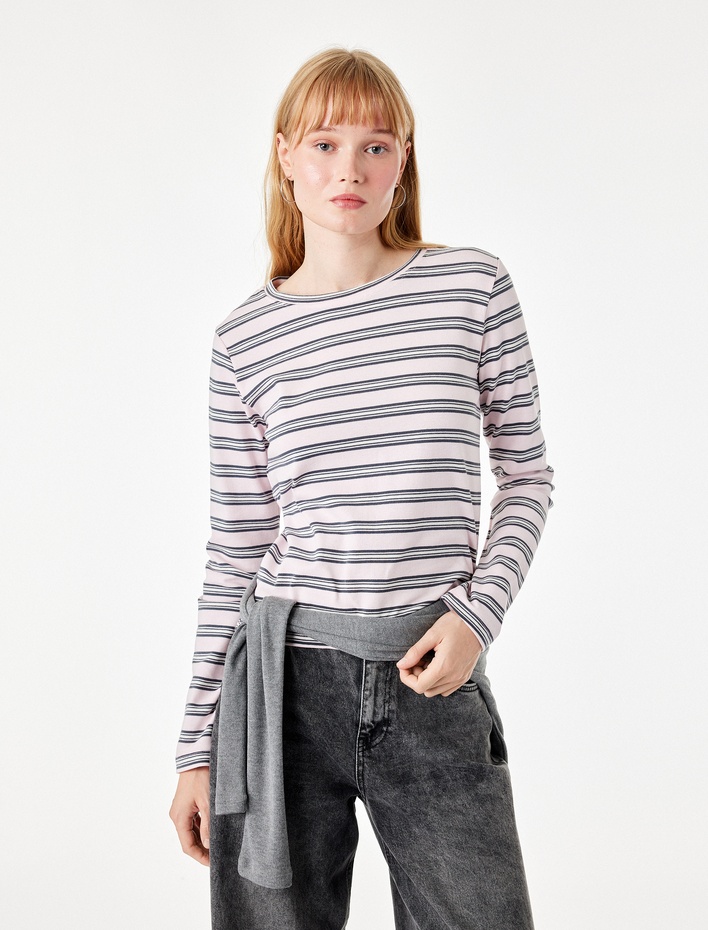 Slim Fit Pamuklu Uzun Kollu Basic Çizgili Tişört