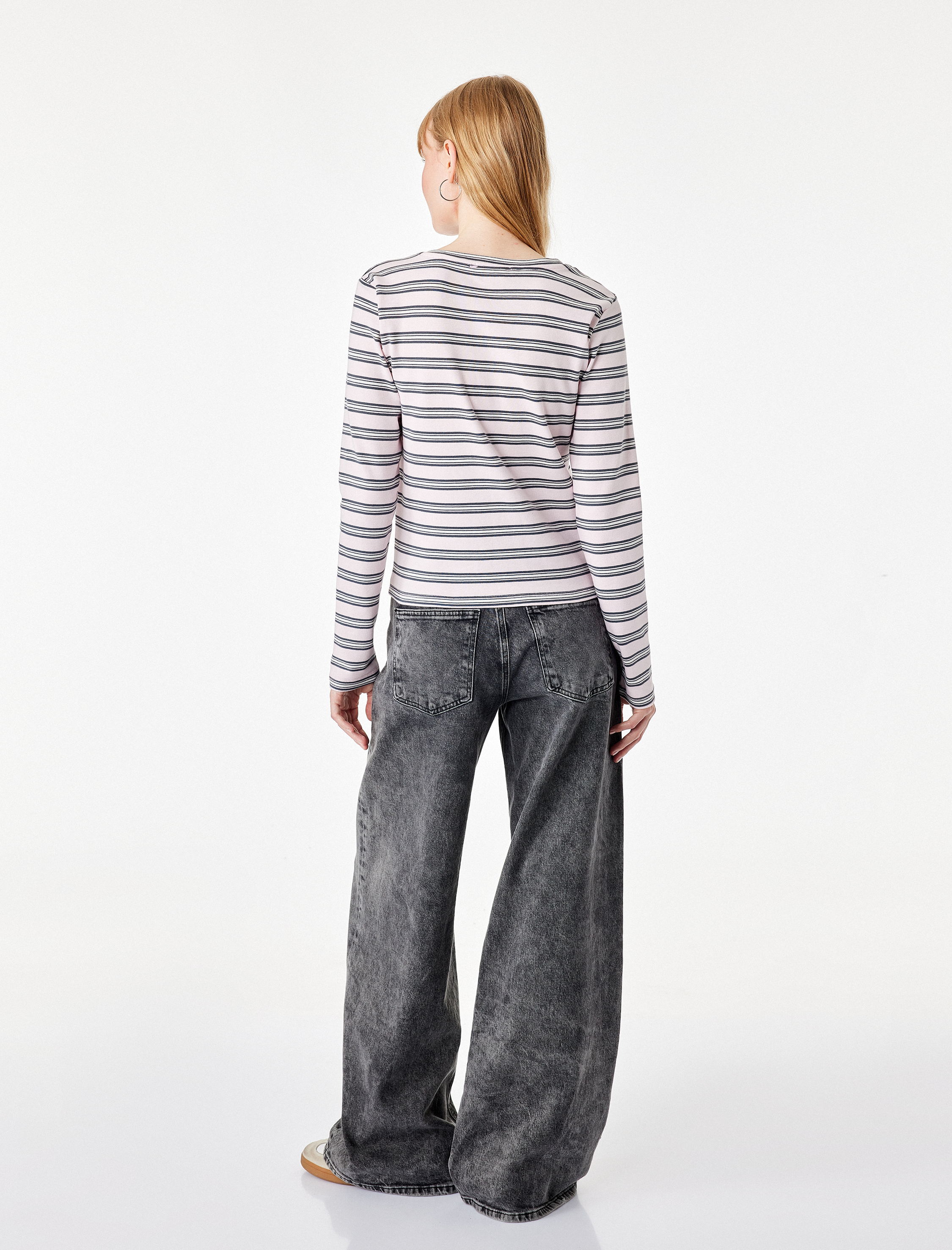   Slim Fit Pamuklu Uzun Kollu Basic Çizgili Tişört