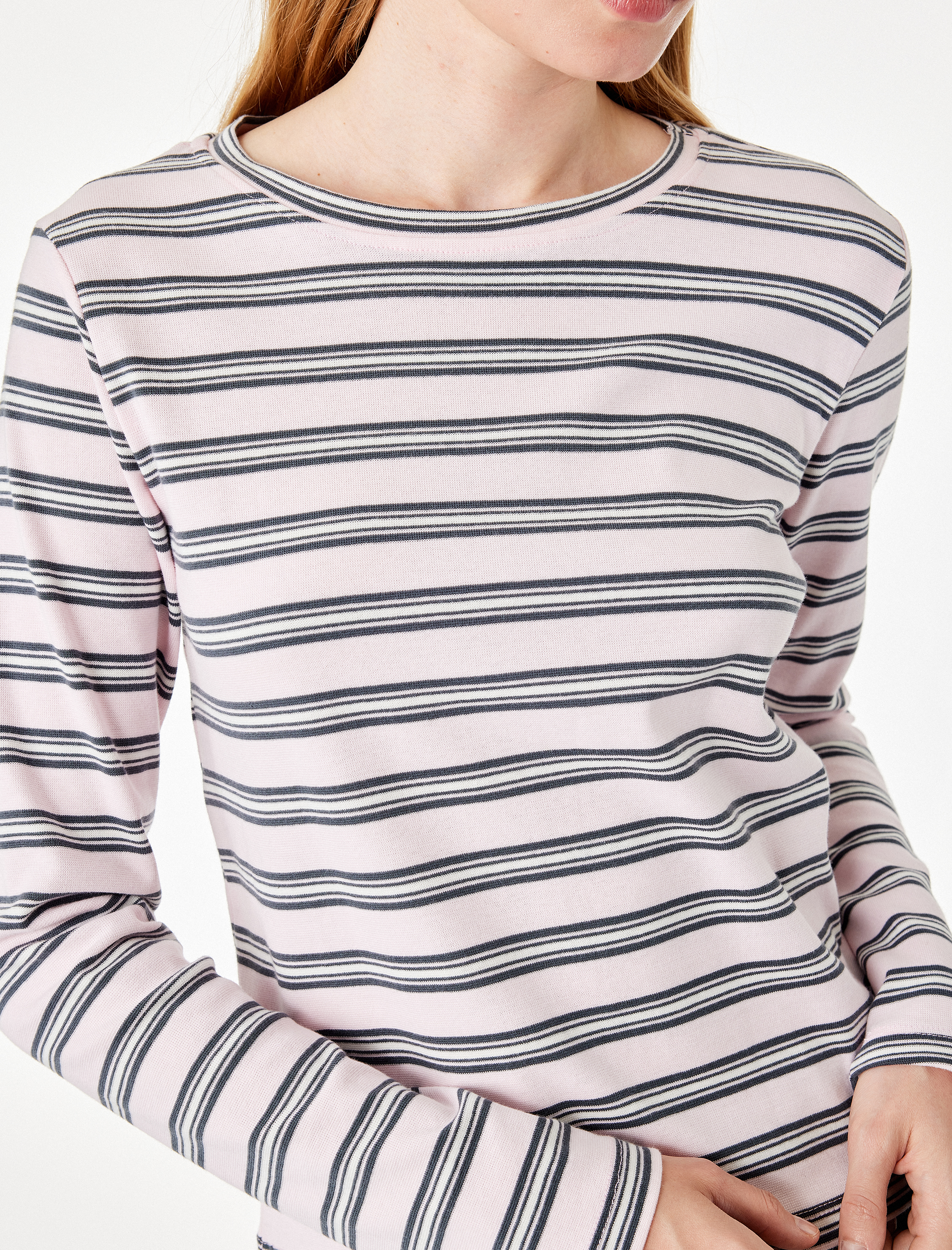   Slim Fit Pamuklu Uzun Kollu Basic Çizgili Tişört