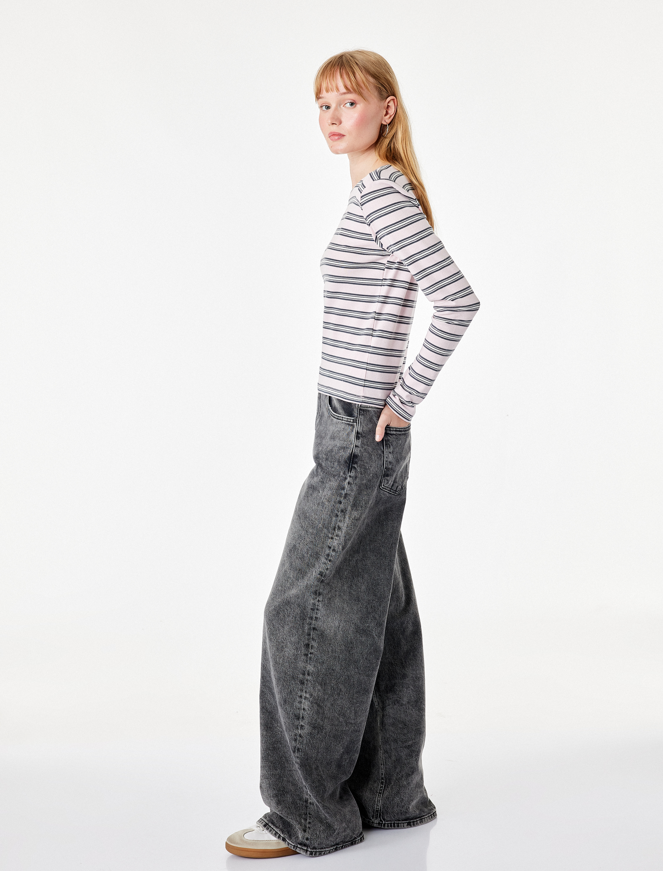   Slim Fit Pamuklu Uzun Kollu Basic Çizgili Tişört