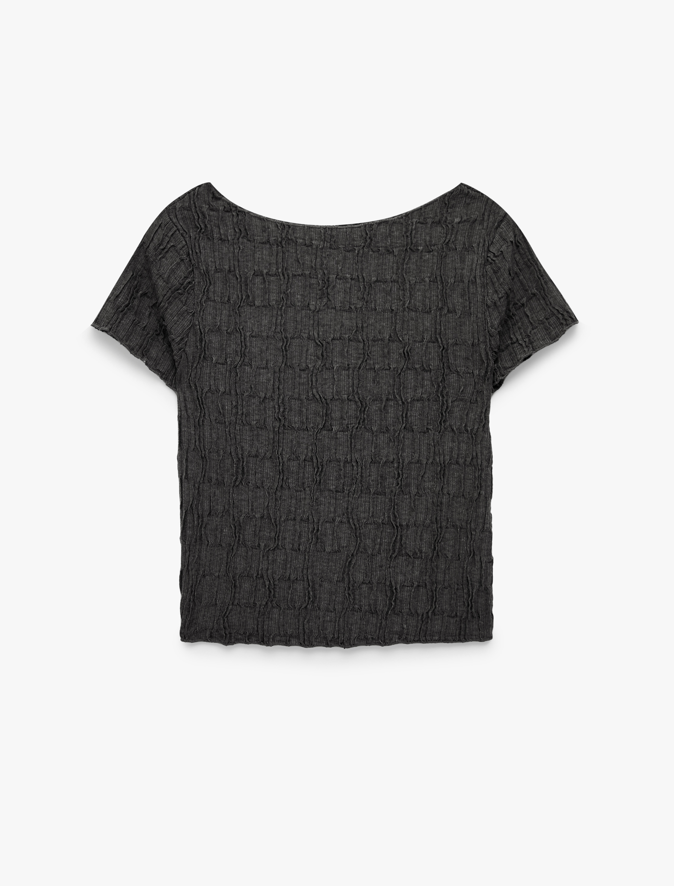   Bürümcük Kumaş Dokulu Slim Fit Kayık Yaka Kısa Kollu Tişört