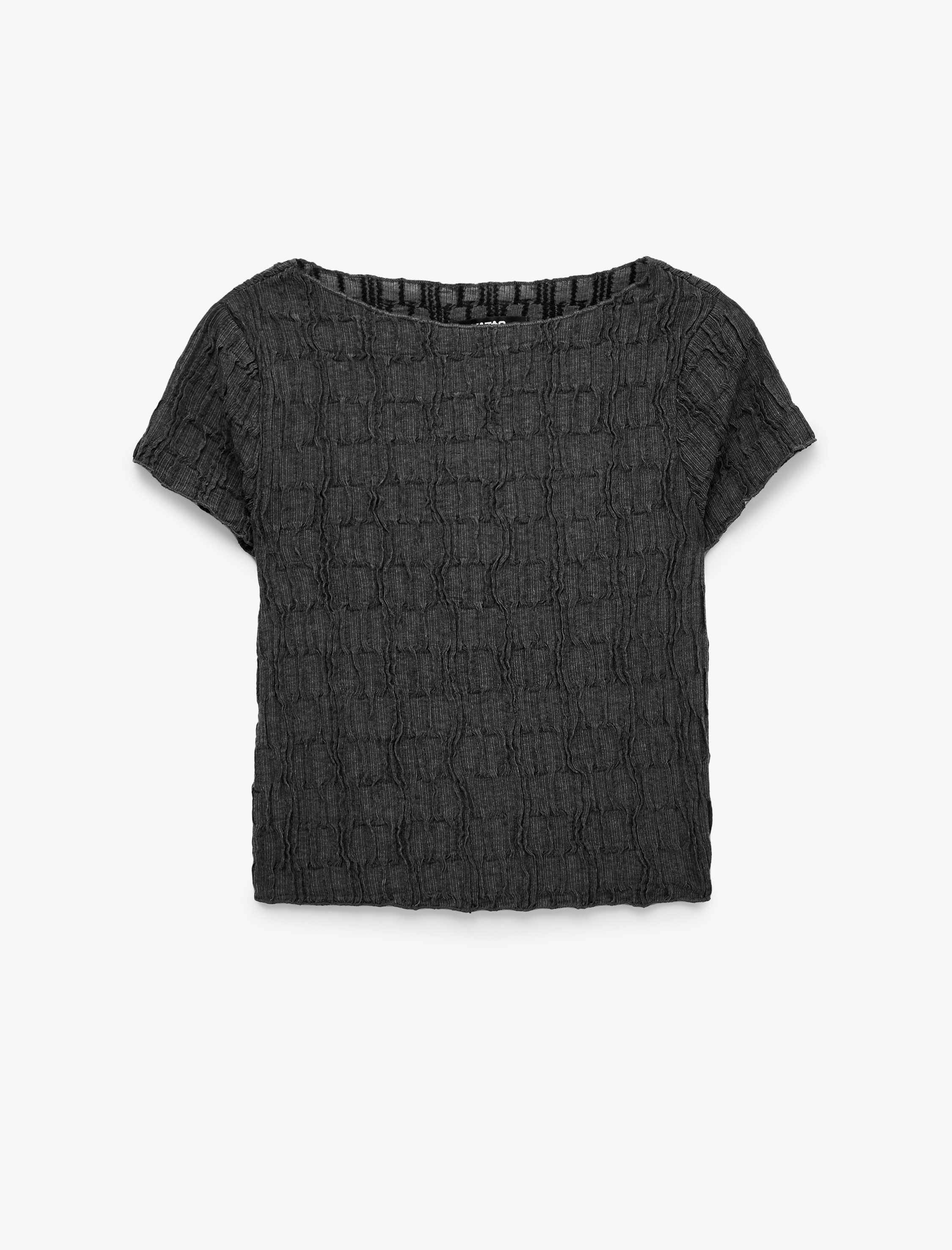  Bürümcük Kumaş Dokulu Slim Fit Kayık Yaka Kısa Kollu Tişört