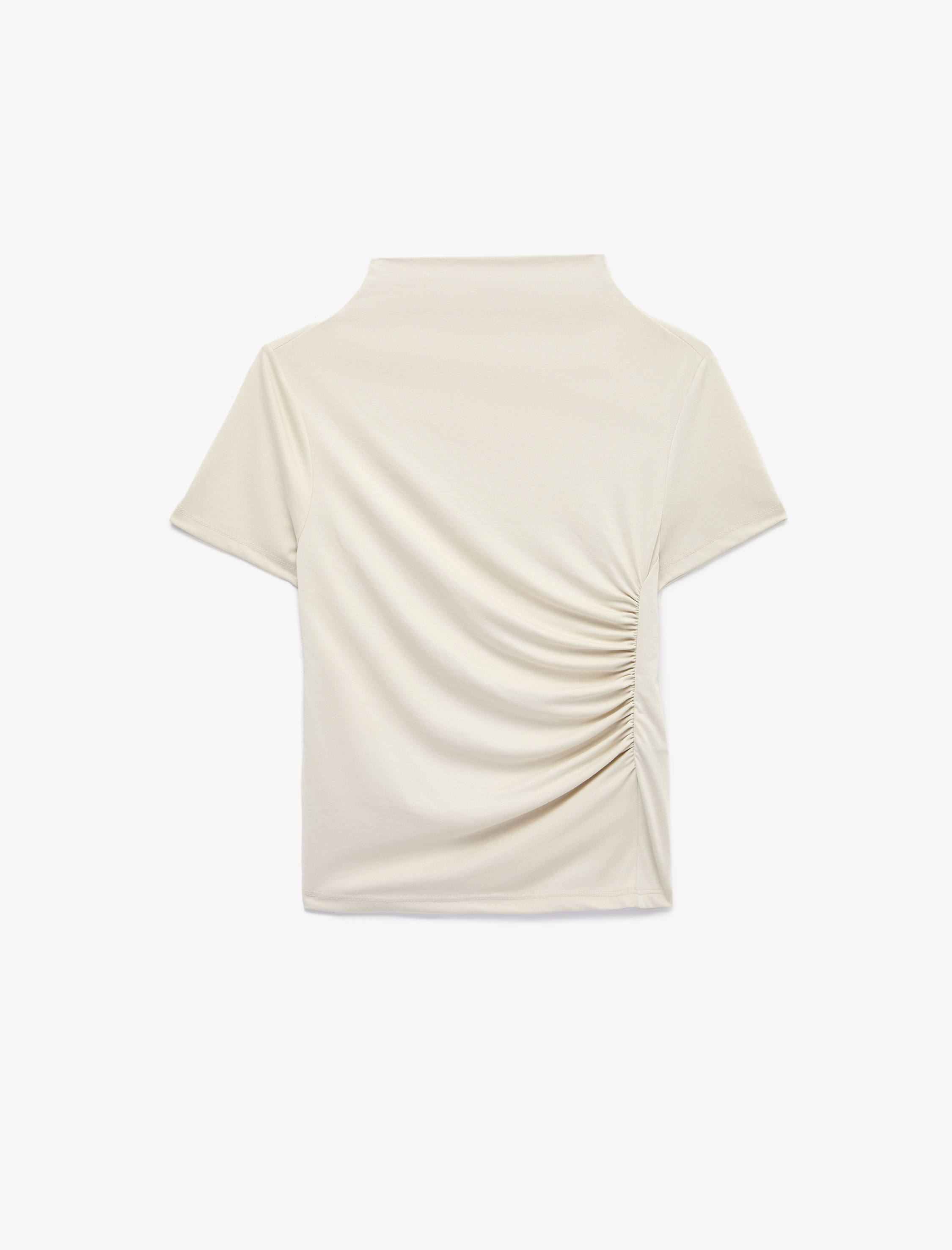  Modal Kumaş Slim Fit Drapeli Kısa Kollu Geniş Dik Yaka Bluz