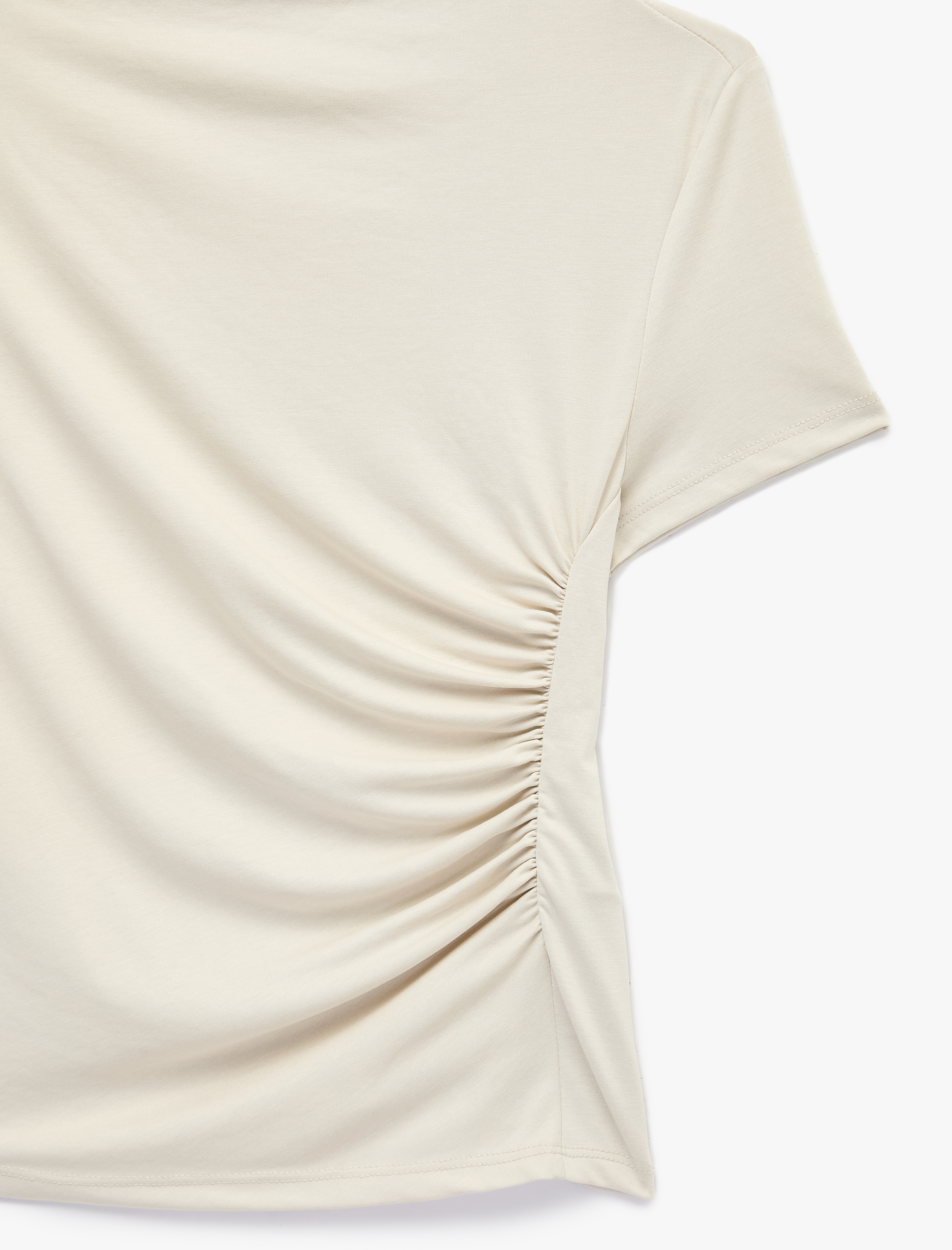   Modal Kumaş Slim Fit Drapeli Kısa Kollu Geniş Dik Yaka Bluz