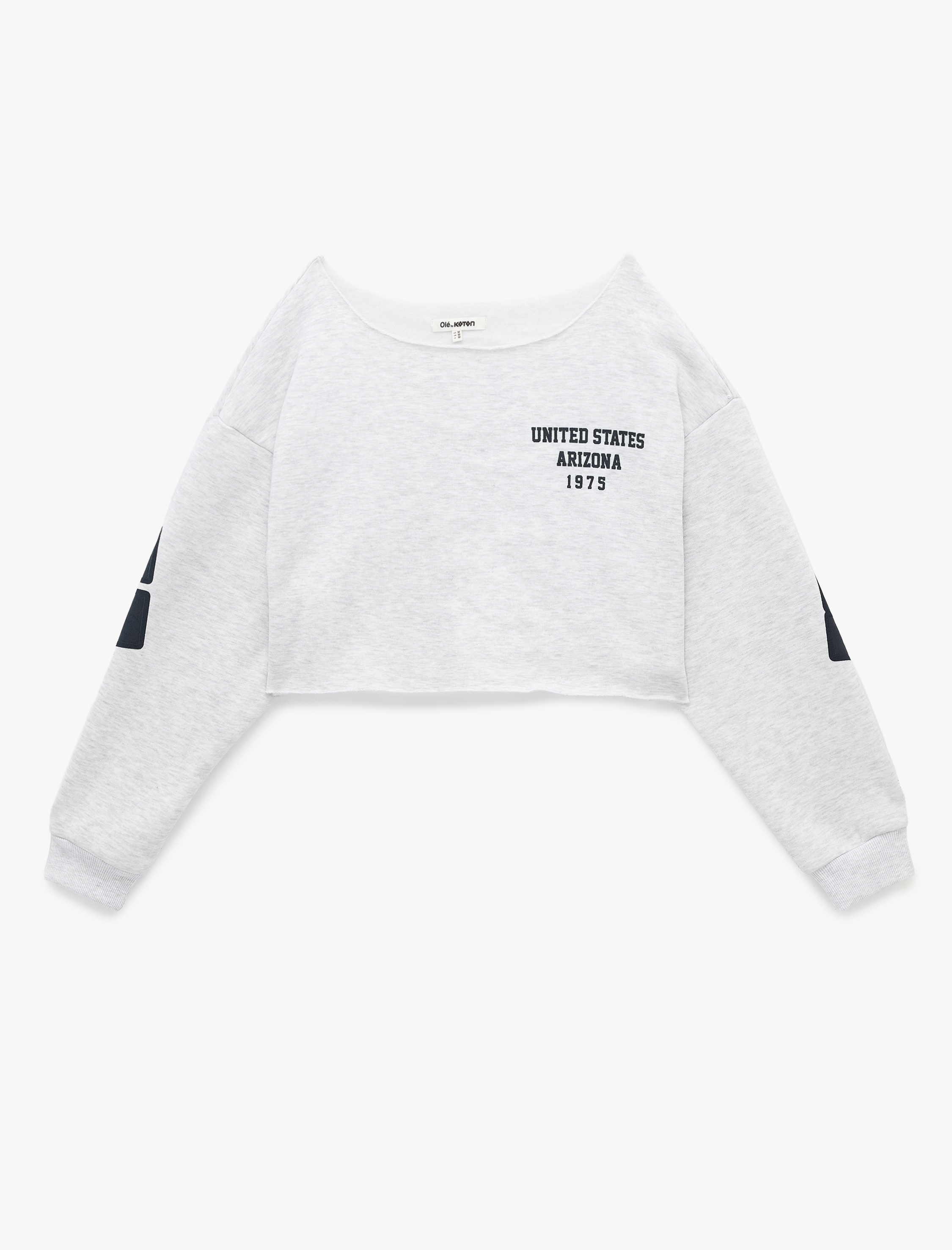   Rahat Kalıp Üç İplik Şardonlu Kayık Yaka Uzun Kollu Baskılı Crop Sweatshirt