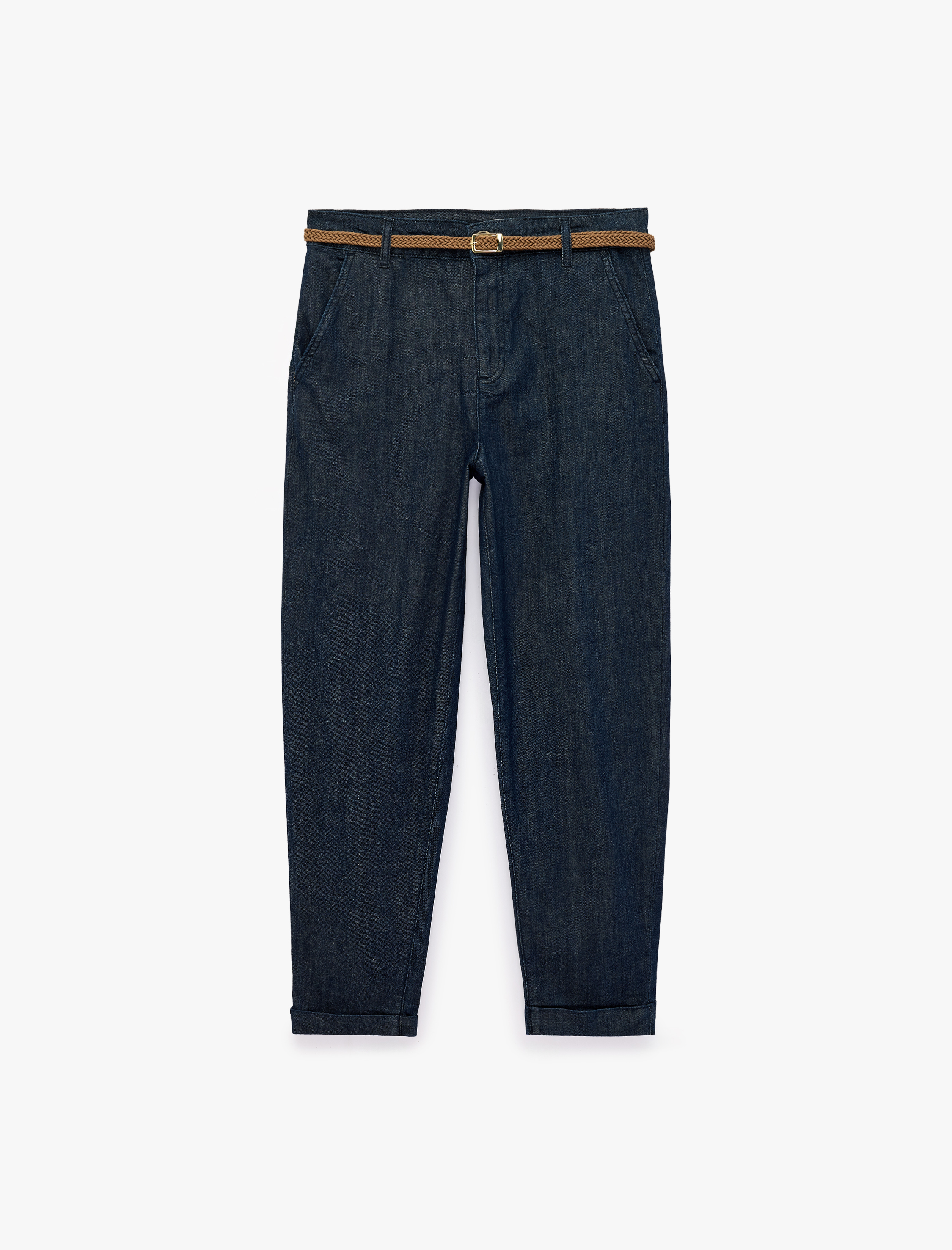   Kemerli Yüksek Bel Rahat Kalıp Chino Denim Pantolon