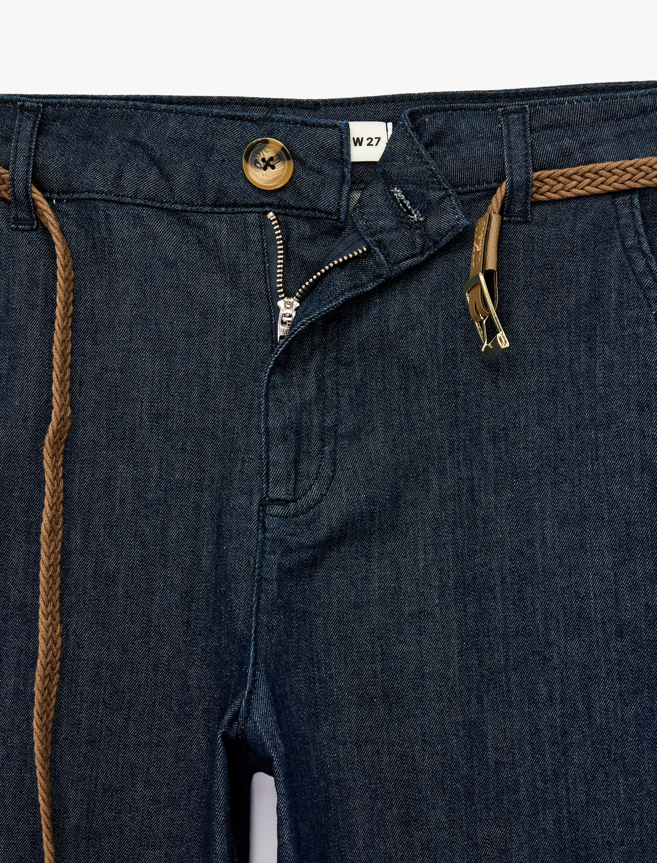   Kemerli Yüksek Bel Rahat Kalıp Chino Denim Pantolon