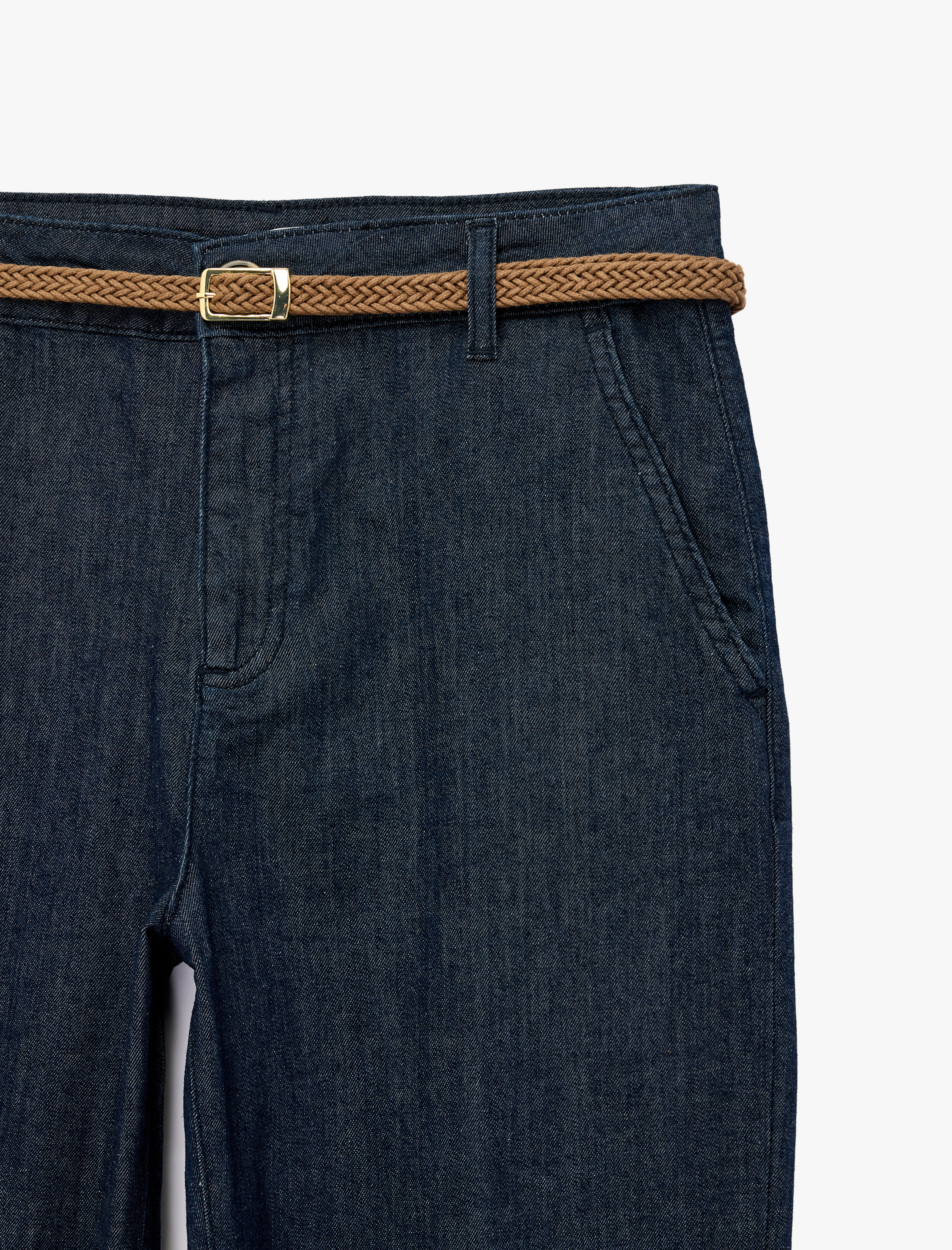   Kemerli Yüksek Bel Rahat Kalıp Chino Denim Pantolon