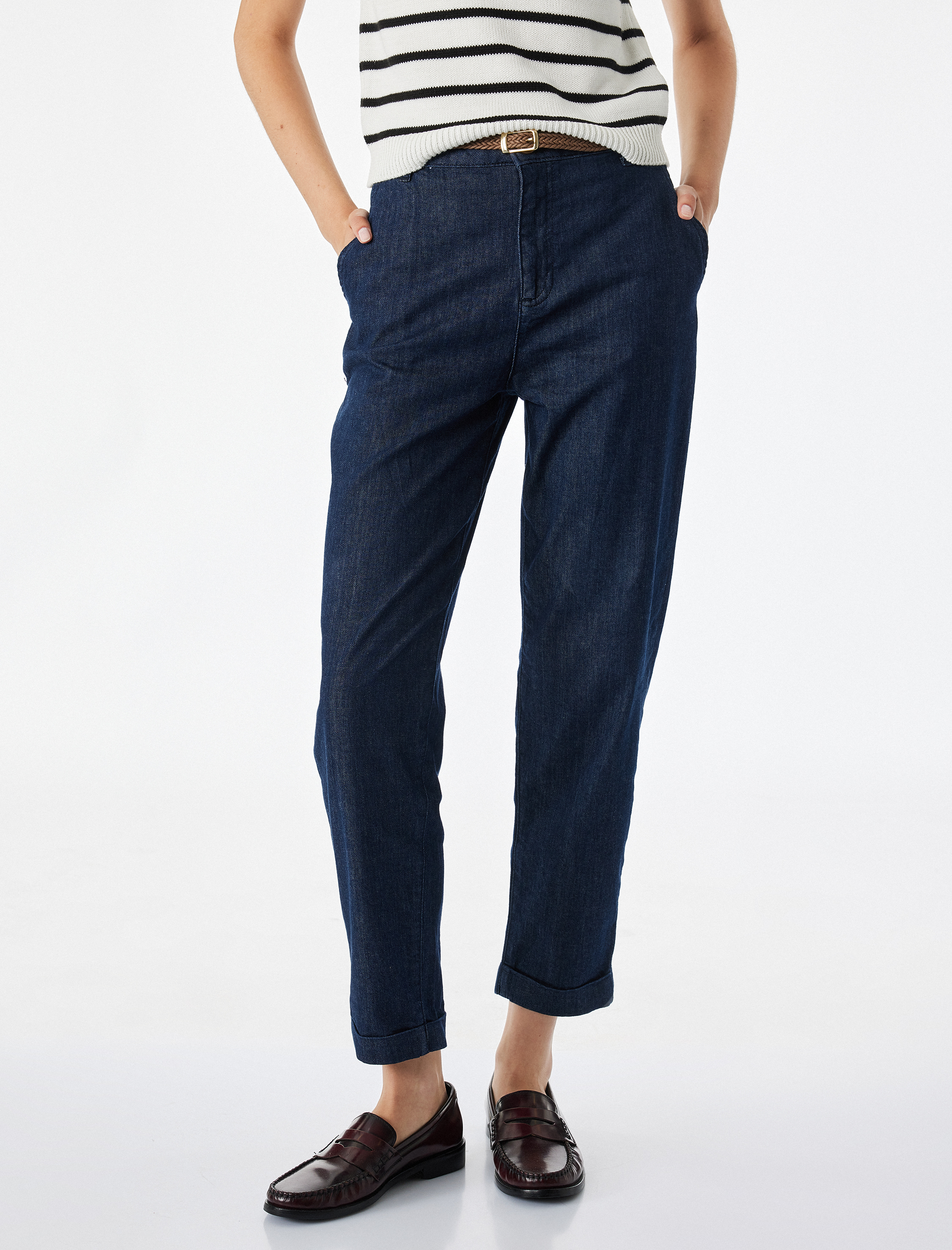   Kemerli Yüksek Bel Rahat Kalıp Chino Denim Pantolon