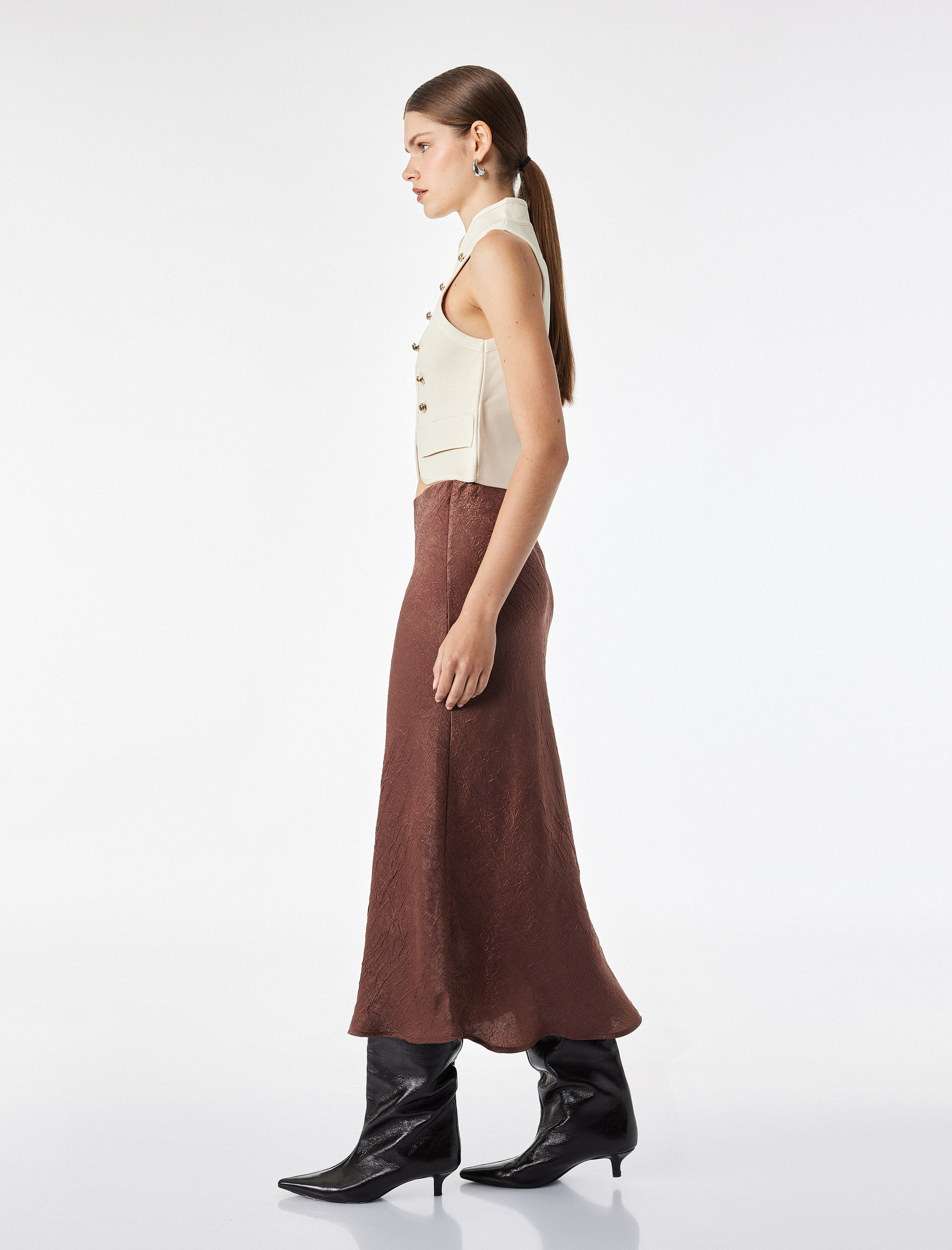   Balık Form Slim Fit Dokulu Saten Midi Etek