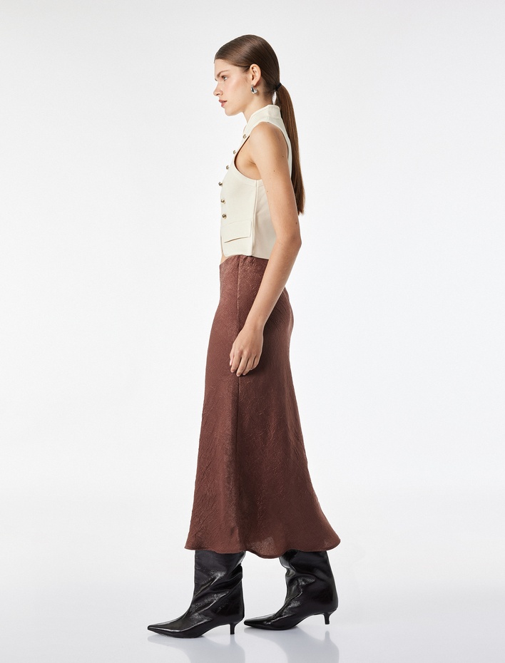  Balık Form Slim Fit Dokulu Saten Midi Etek