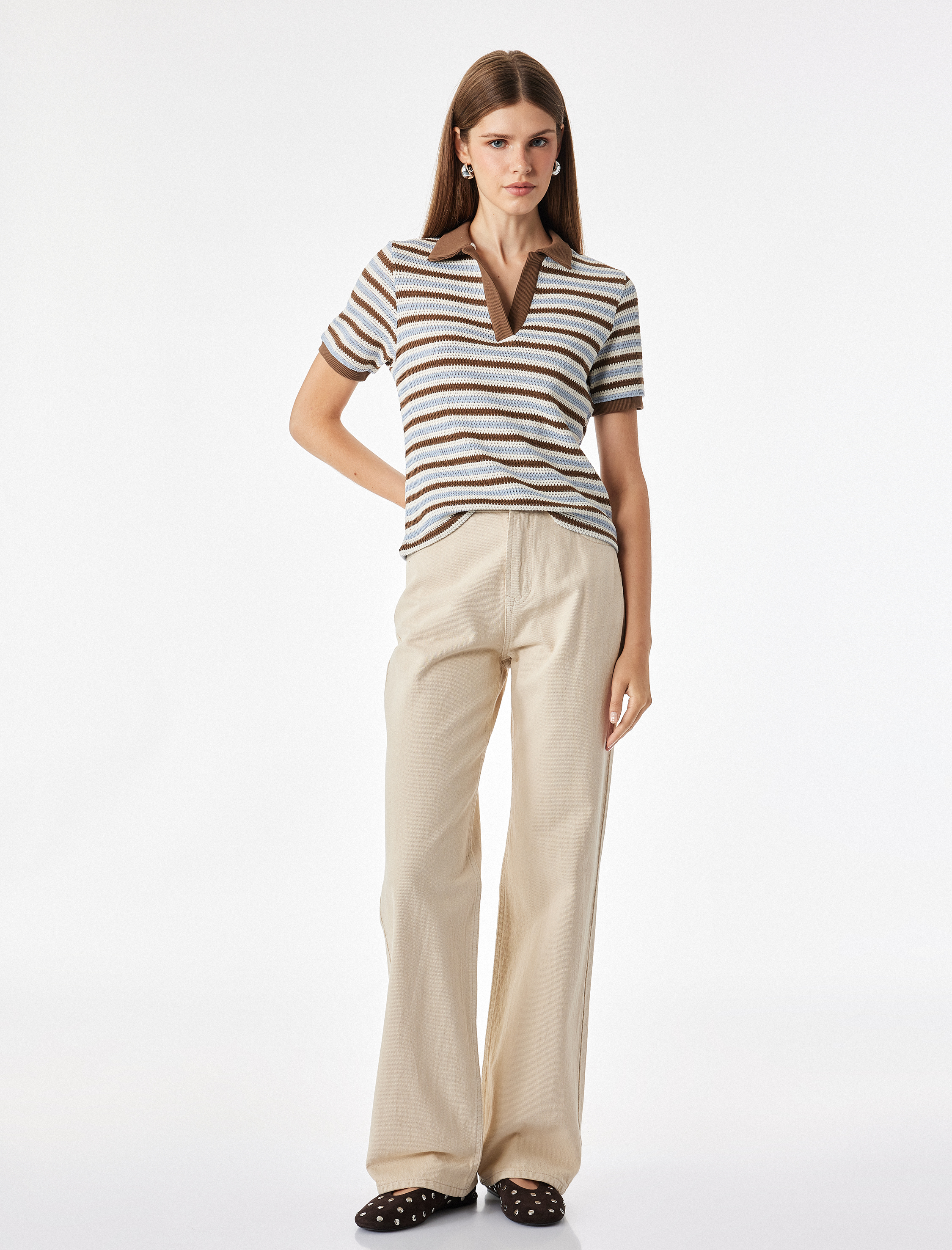   Regular Fit Polo Yaka Kısa Kollu Çizgili Tişört