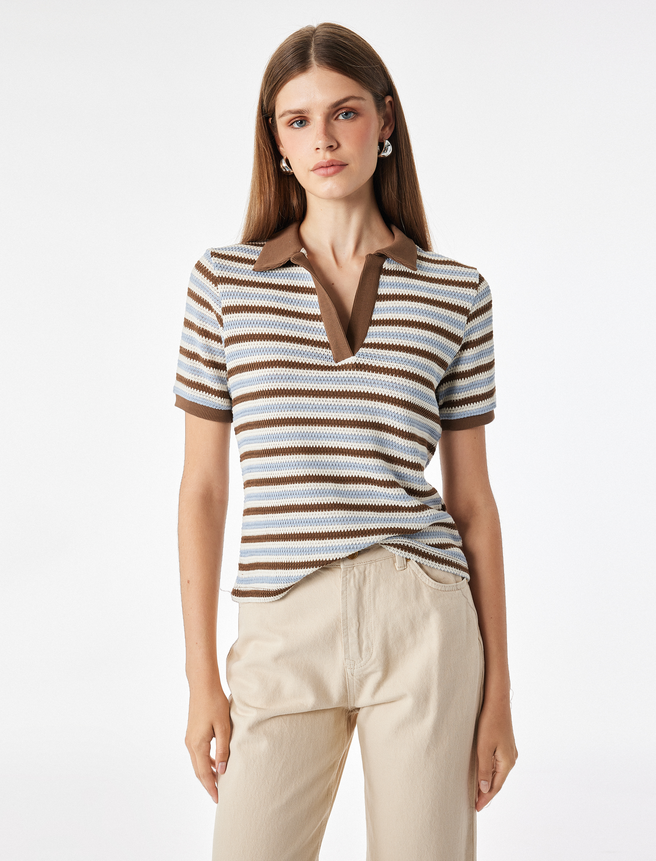   Regular Fit Polo Yaka Kısa Kollu Çizgili Tişört